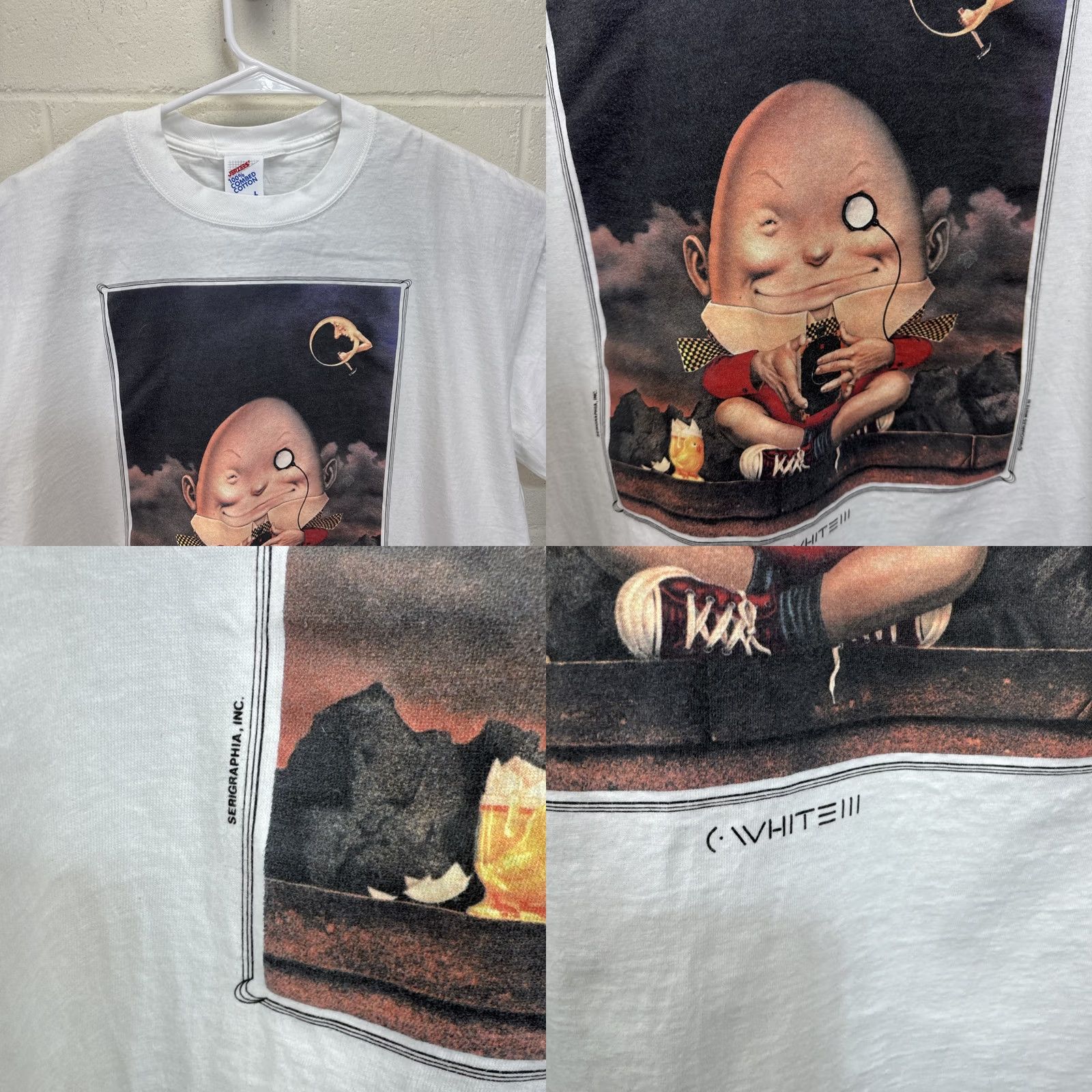 Vintage VINTAGE Serigraphia Inc T-Shirt Humpty Dumpty Art 90s White L Unisex Adults Crew Neck Short Sleeve Graphic Print Cotton Knit Reg/Regular Mens Womens Size US L / EU 52-54 / 3 - 8 Thumbnail
