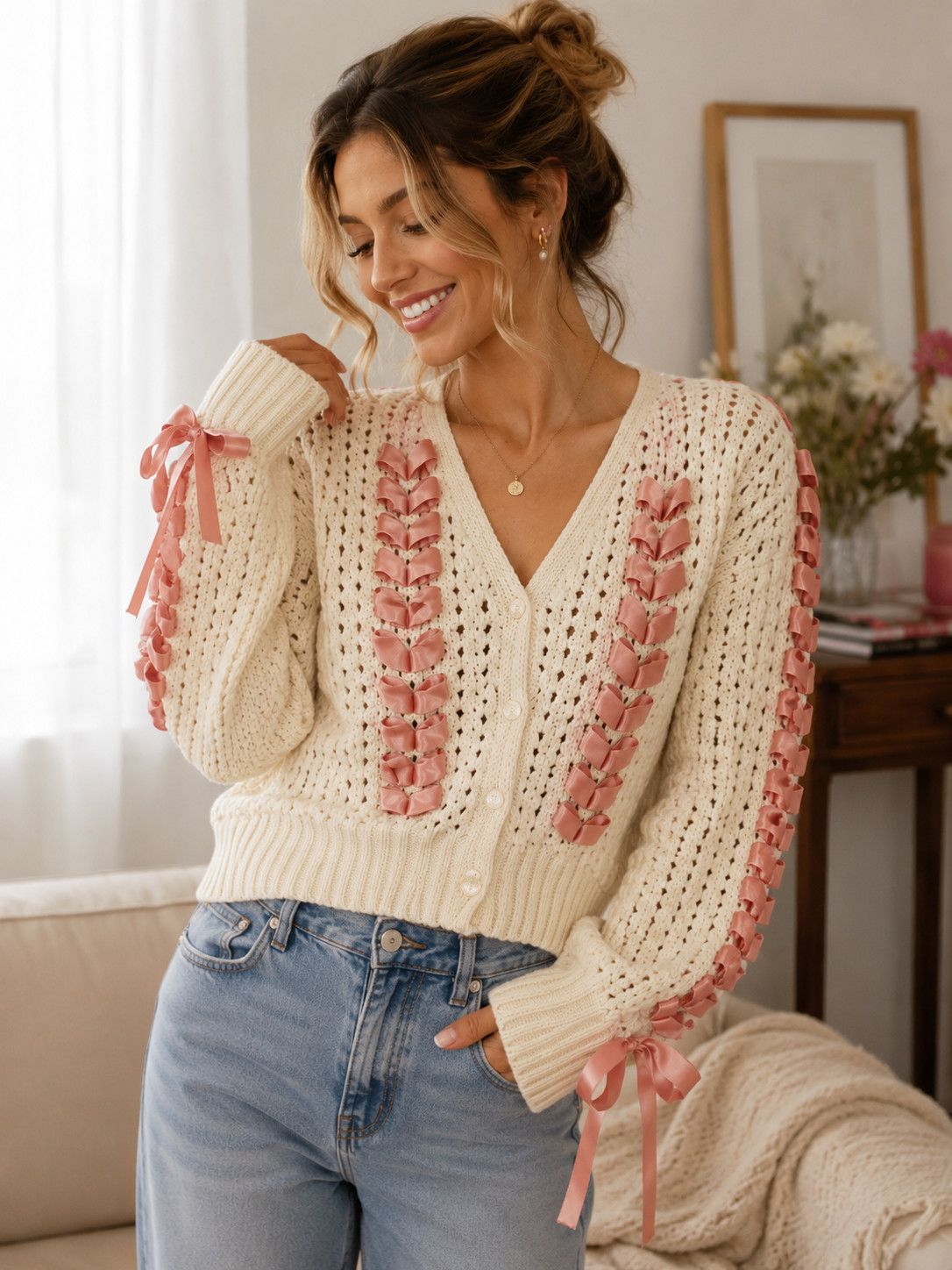 Handmade Handmade Knit Rose Ribbons Crop Cardigan Women's Plus 1X Size XL / US 12-14 / IT 48-50 - 8 Thumbnail