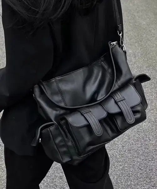 Fashion Y2K Faux Leather Messenger Shoulder Bag in Black, Men's