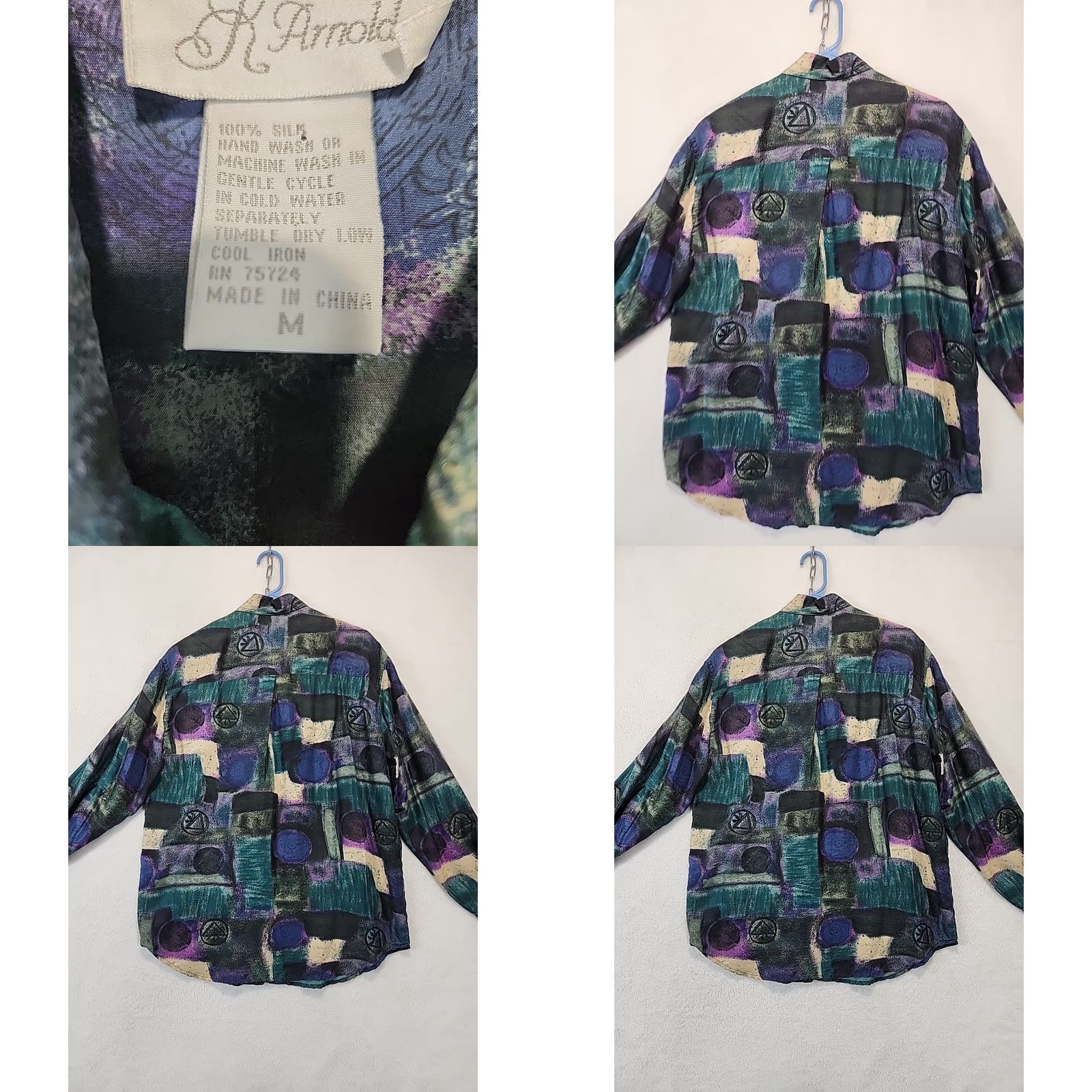 Vintage K. Arnold 100% Silk Women's M Blouse Purple Tan Graphic 80's Print Shoulder Pad Shirt Womens M Purple Tan Graphic 80s Silk Blouse Size M / US 6-8 / IT 42-44 - 9 Thumbnail