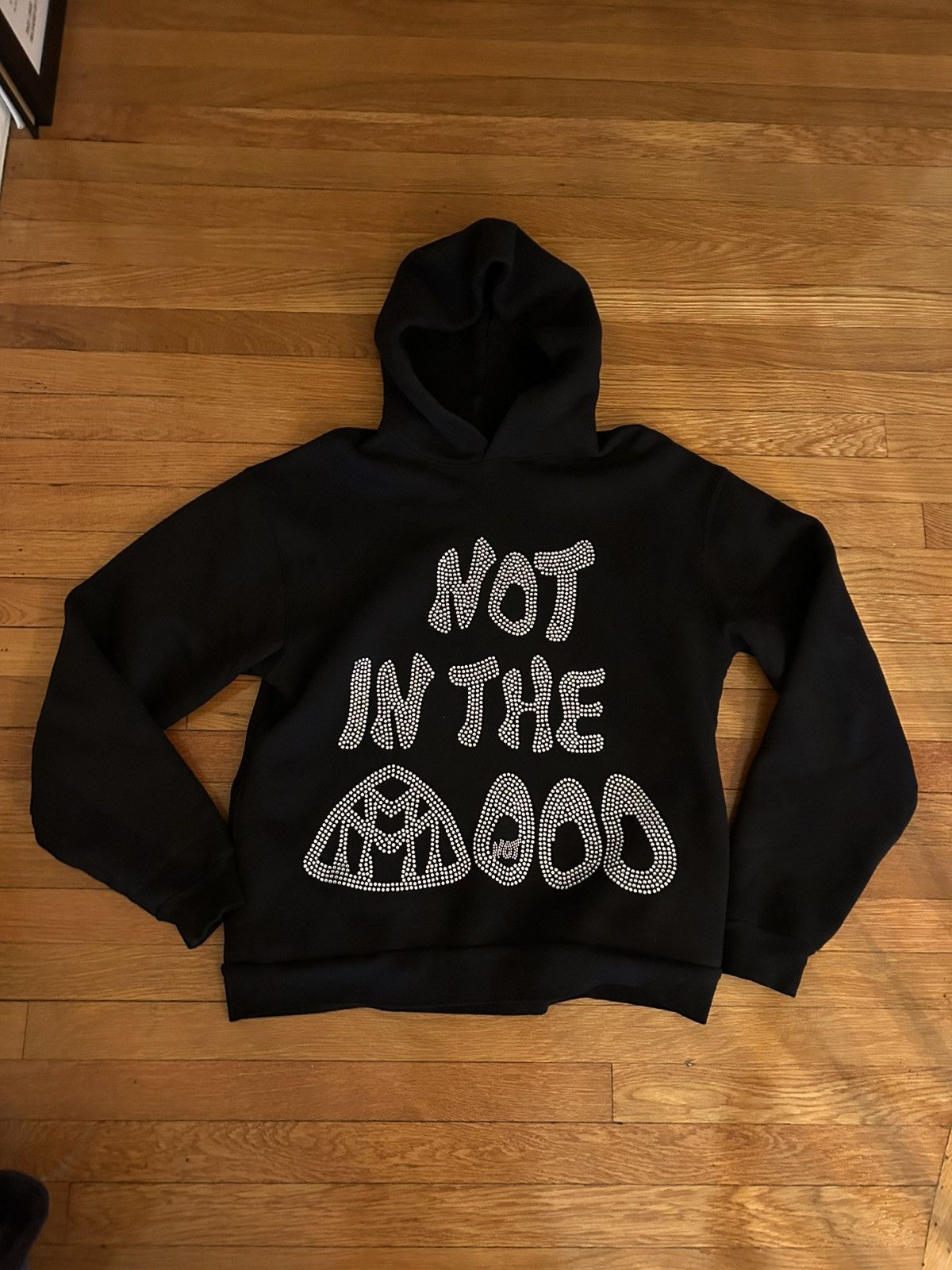 image of Mood Swings Not In The Mood Rhinestone Hoodie Black, Men's (Size Medium)