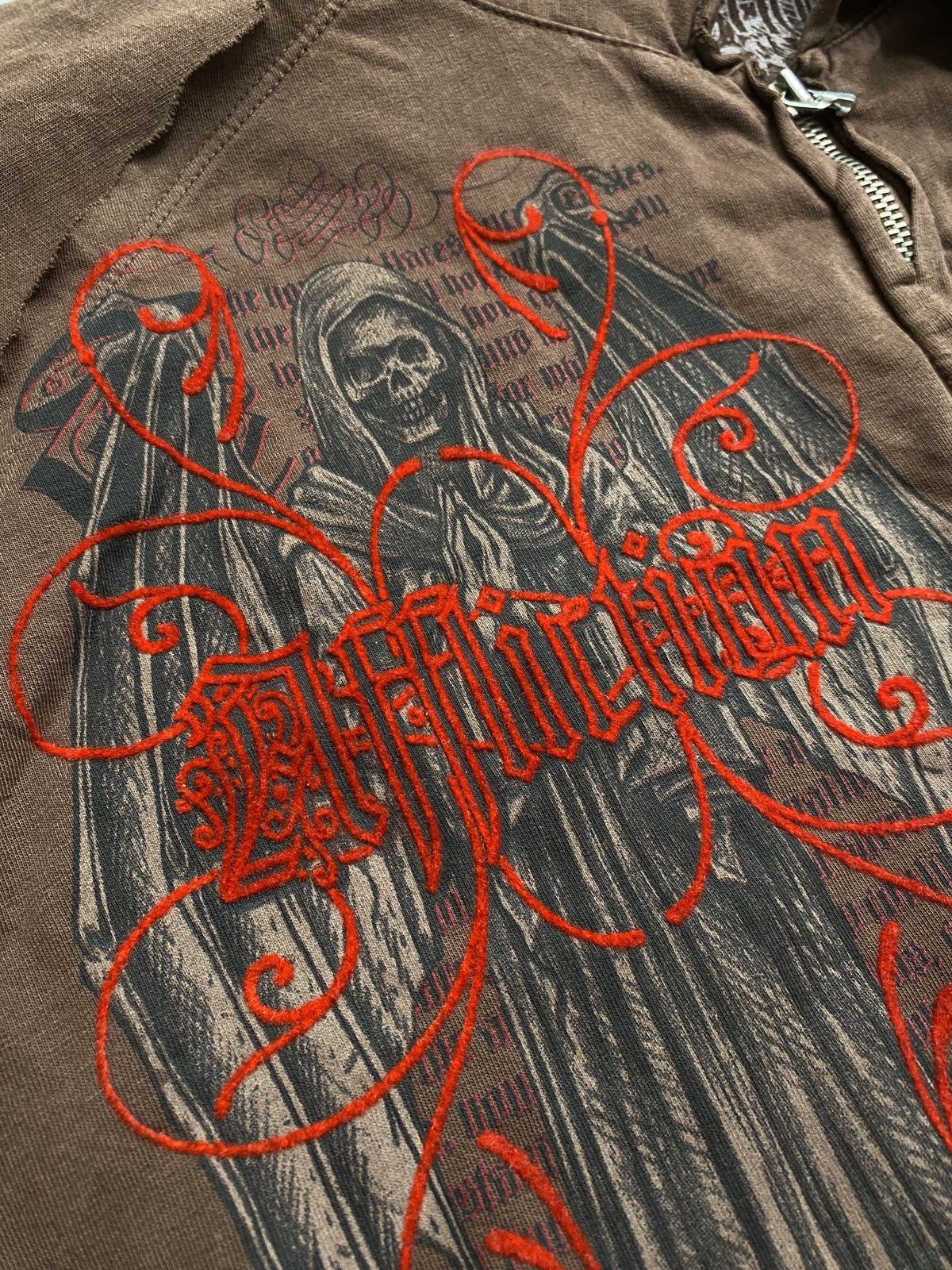 Affliction × Vintage Affliction very rare brown zip hoodie red velvet accents Size US L / EU 52-54 / 3 - 7 Thumbnail