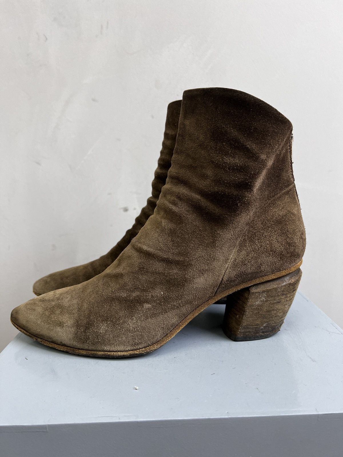 Suede Leather Officeine Creative Avant Garde Boots Heel Shoes in Brown, Women's (Size 9)