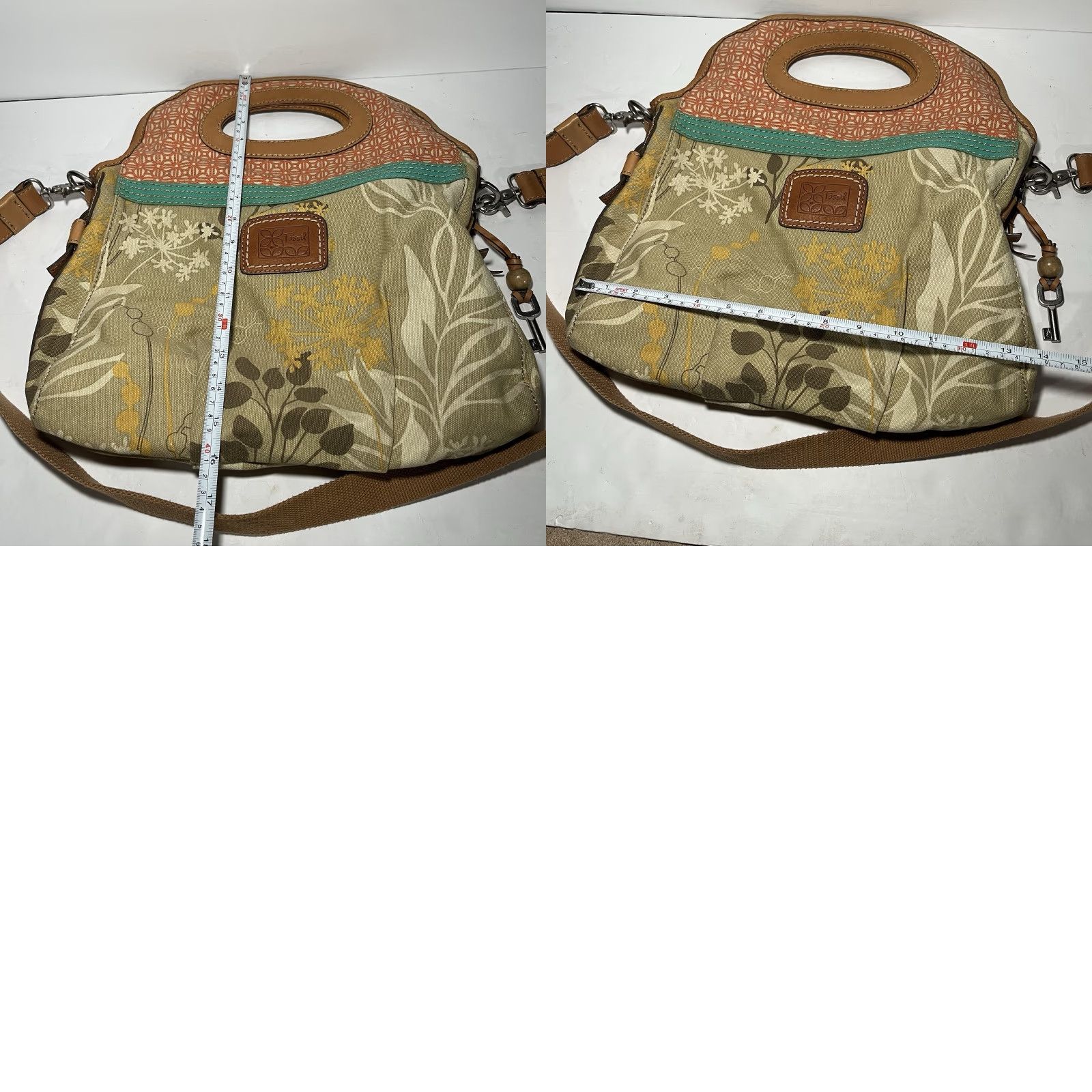 Fossil Fossil Key Purse Satchel Bag Large Canvas Tote Tan Floral Bohemian With Strap - Fossil Satchel Bag, Bohemian Floral Canvas Tote, Key Purse, Tan Strap Size ONE SIZE - 8 Thumbnail