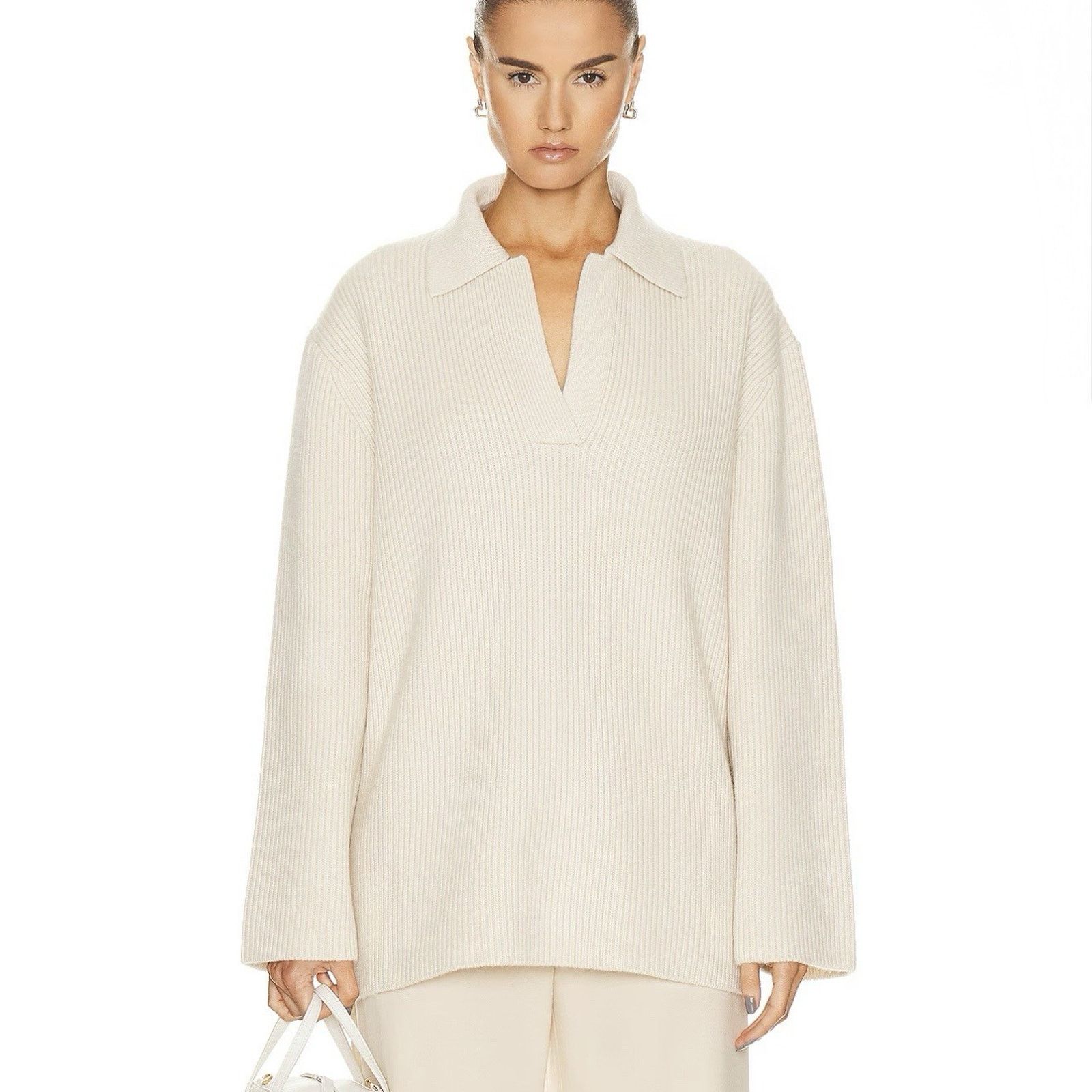Toteme $800 Toteme Ribbed Polo Knit Sweater Heavyweight Cream White Size S / US 4 / IT 40 - 1 Thumbnail
