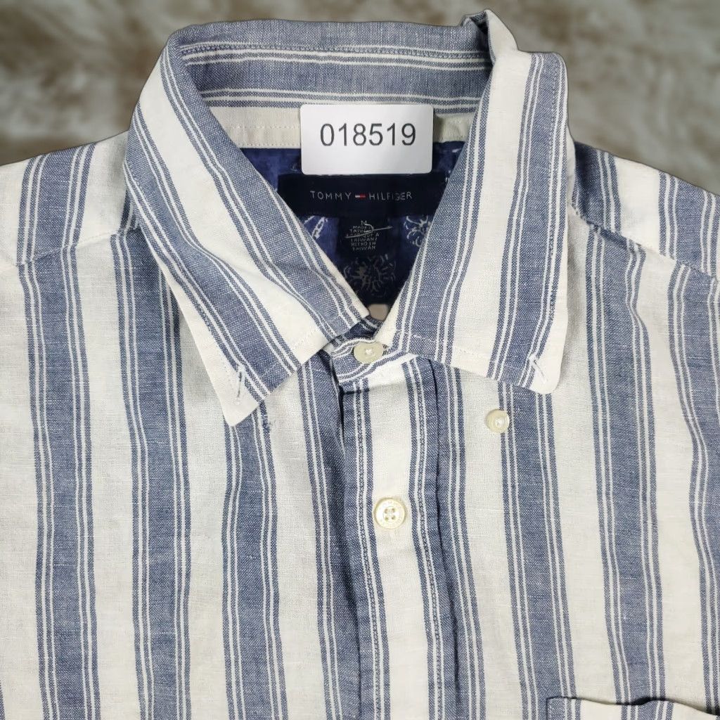 Tommy Hilfiger VINTAGE Tommy Hilfiger Shirt Mens Medium Blue Striped Button-Up Short Sleeve STAINED - Cotton, Classic, Preppy, TH Logo, 90s Era Mens Shirt Size US M / EU 48-50 / 2 - 1 Thumbnail