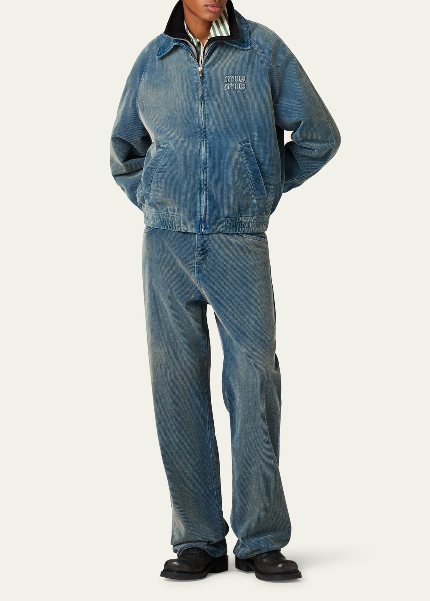 Pre-owned Miu Miu 3k  Corduroy Bomber Jacket Ss24 In Blue