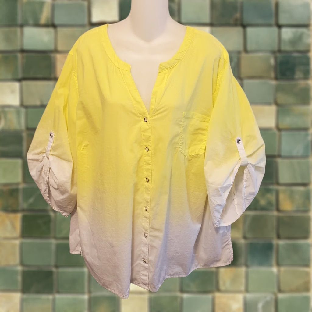 Vintage Catherine's Plus Sz 3X Yellow Ombre Button Down Blouse Rhinestones Roll Tab Sleeve Women Size XXL / US 16-18 / IT 52-54 - 1 Thumbnail