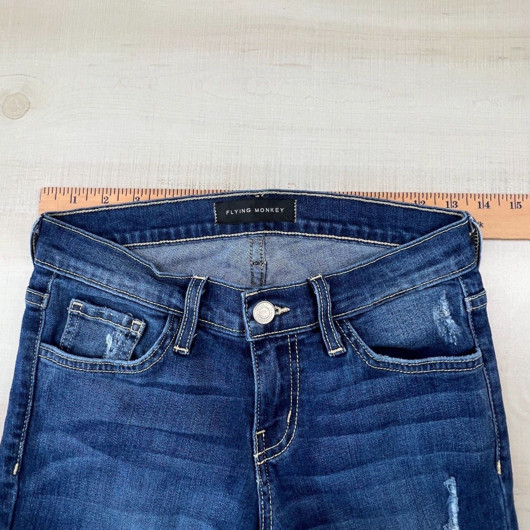 Vintage Flying Monkey Womens Distressed Skinny Jeans 26 Blue Medium Wash Denim Stretch Low Rise Size 26" / US 2 / IT 38 - 7 Thumbnail
