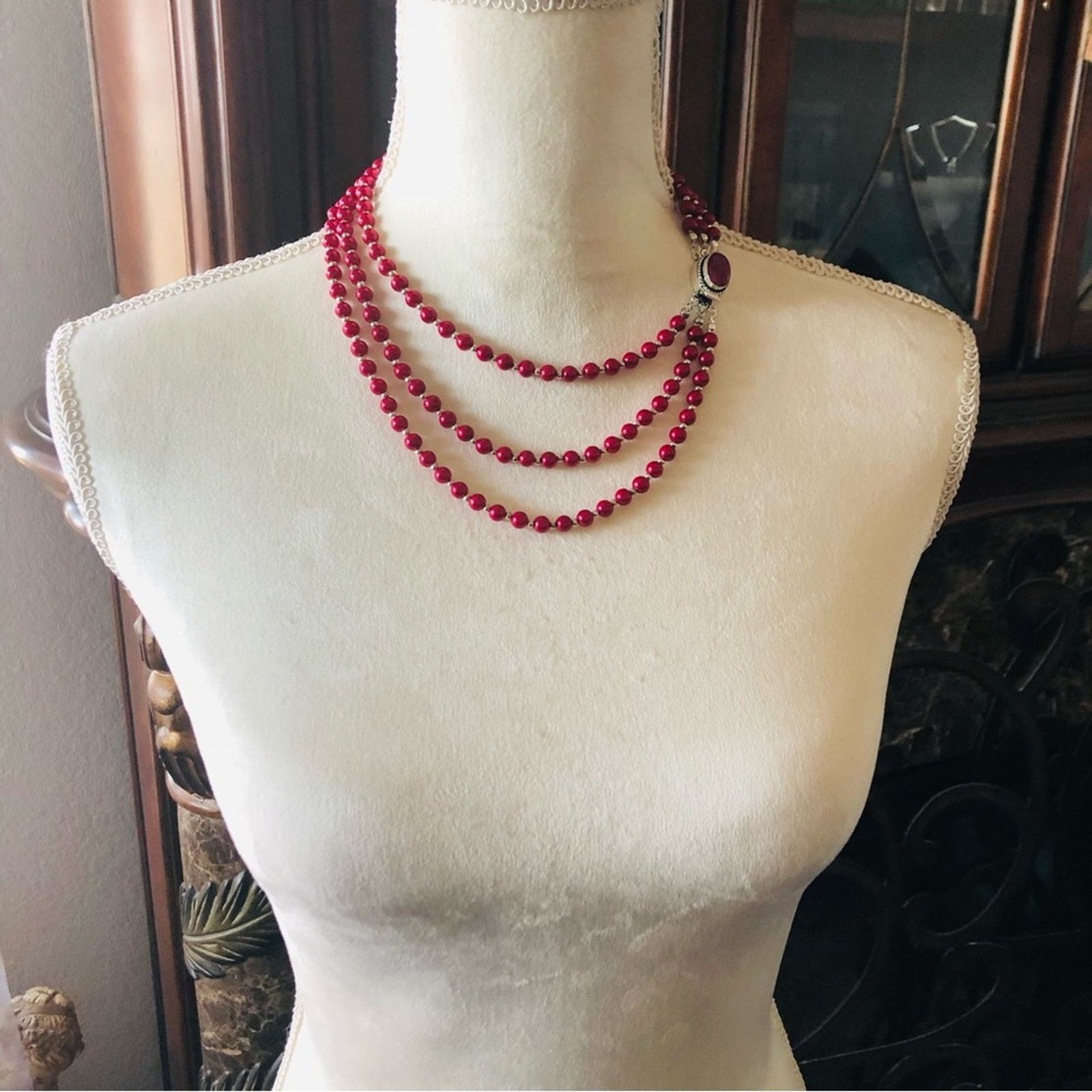 Handmade Handcrafted triple strand red Pearl genuine ruby cneckla Size ONE SIZE - 4 Thumbnail