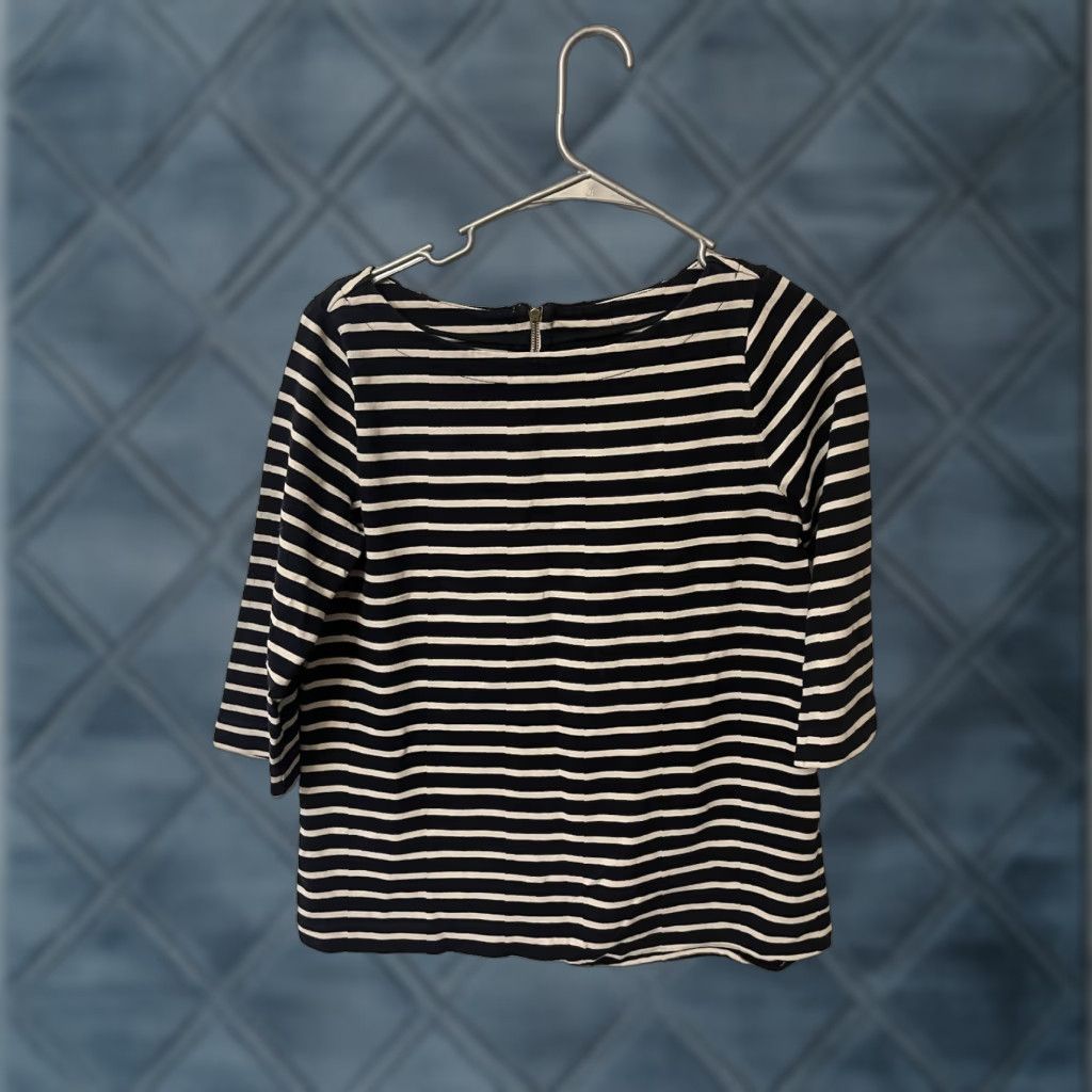 Loft LOFT Blouse Womens L Black White Stripe Knit Boat Neck 3/4 Sleeve Back Zip Size L / US 10 / IT 46 - 1 Thumbnail