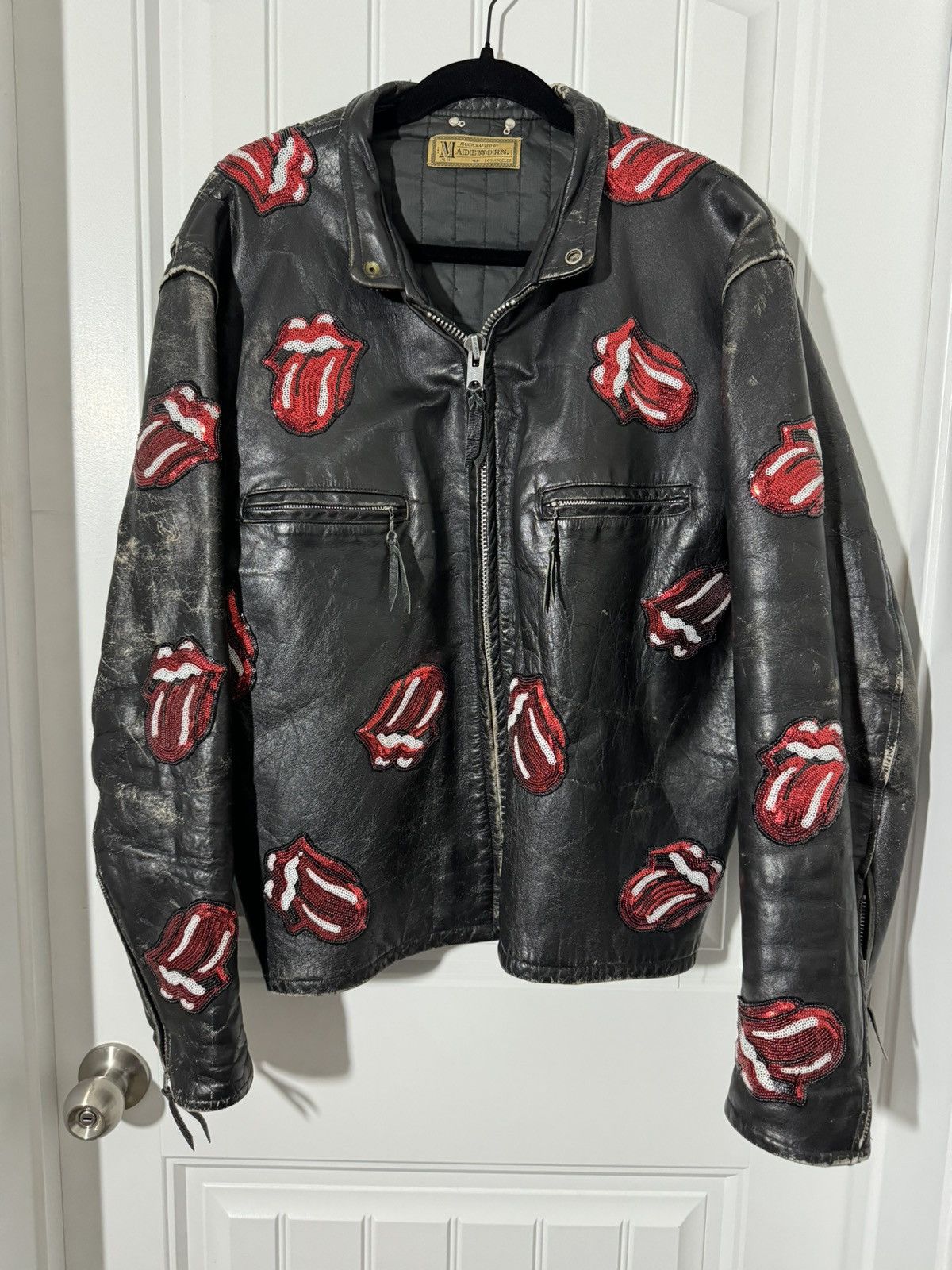 image of NWT 1 Of A Kind Madeworn Rolling Stones Leather Jacket in White, Men's (Size XL)