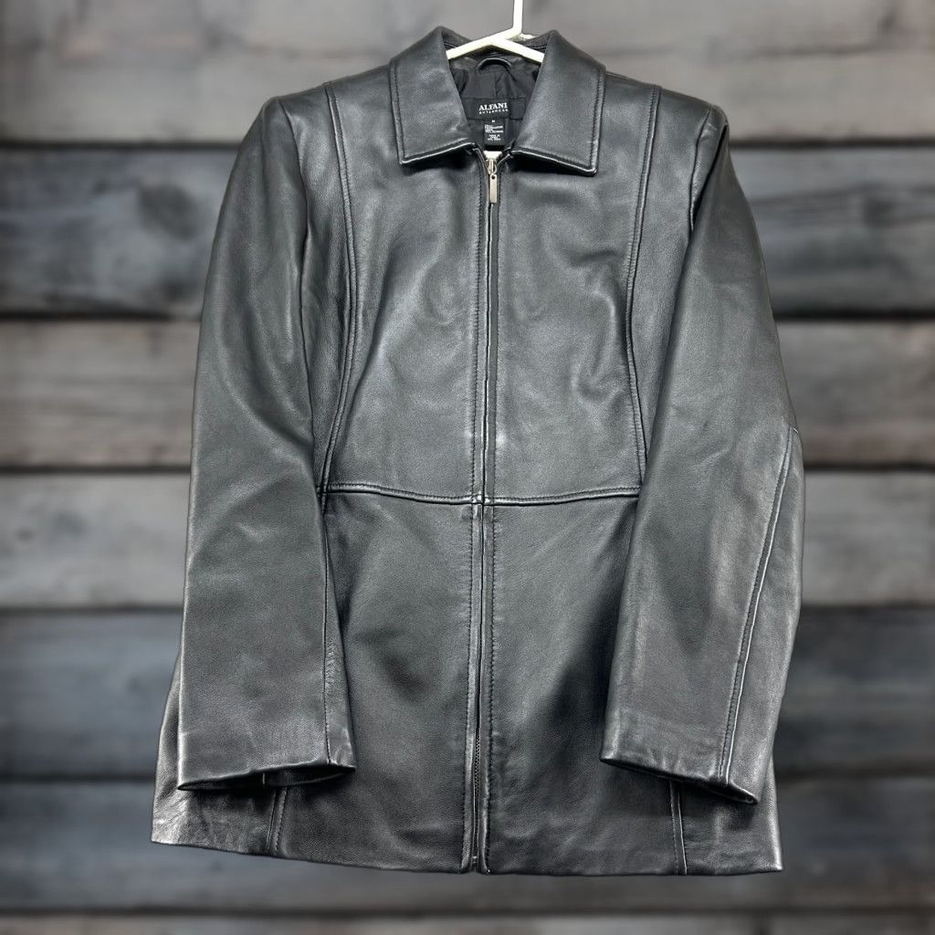 Alfani VINTAGE Alfani Jacket Womens M Black Genuine Leather Full Zip Lined Long 90s Y2K Size M / US 6-8 / IT 42-44 - 1 Thumbnail