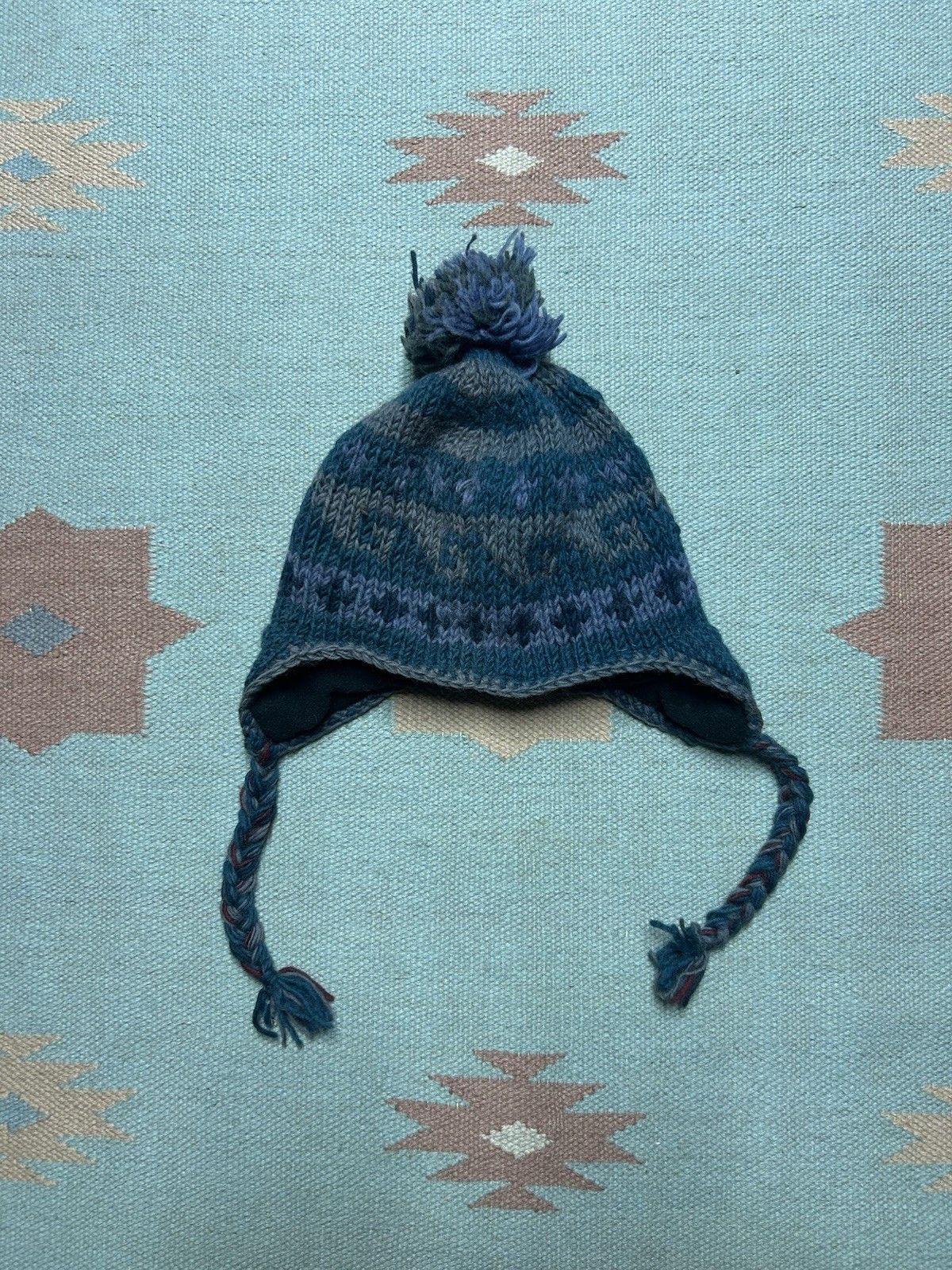 Vintage knit beanie Pom hat winter wool made Nepal geometric adult Size ONE SIZE - 1 Thumbnail