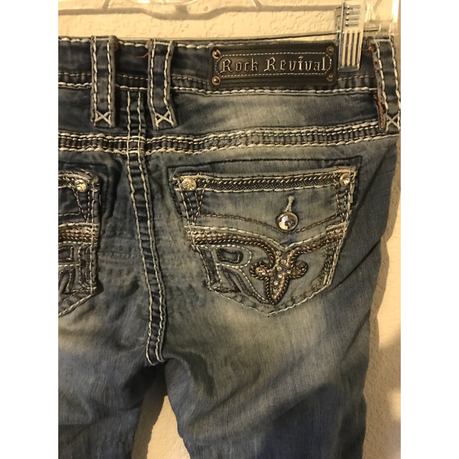 Vintage Rock Revival Jeans Womens 29 Blue Skinny Mid Rise Distressed Embroidered Rhinestone 5-Pocket Denim Leather Rockabilly Biker Metal Size 29" - 6 Thumbnail