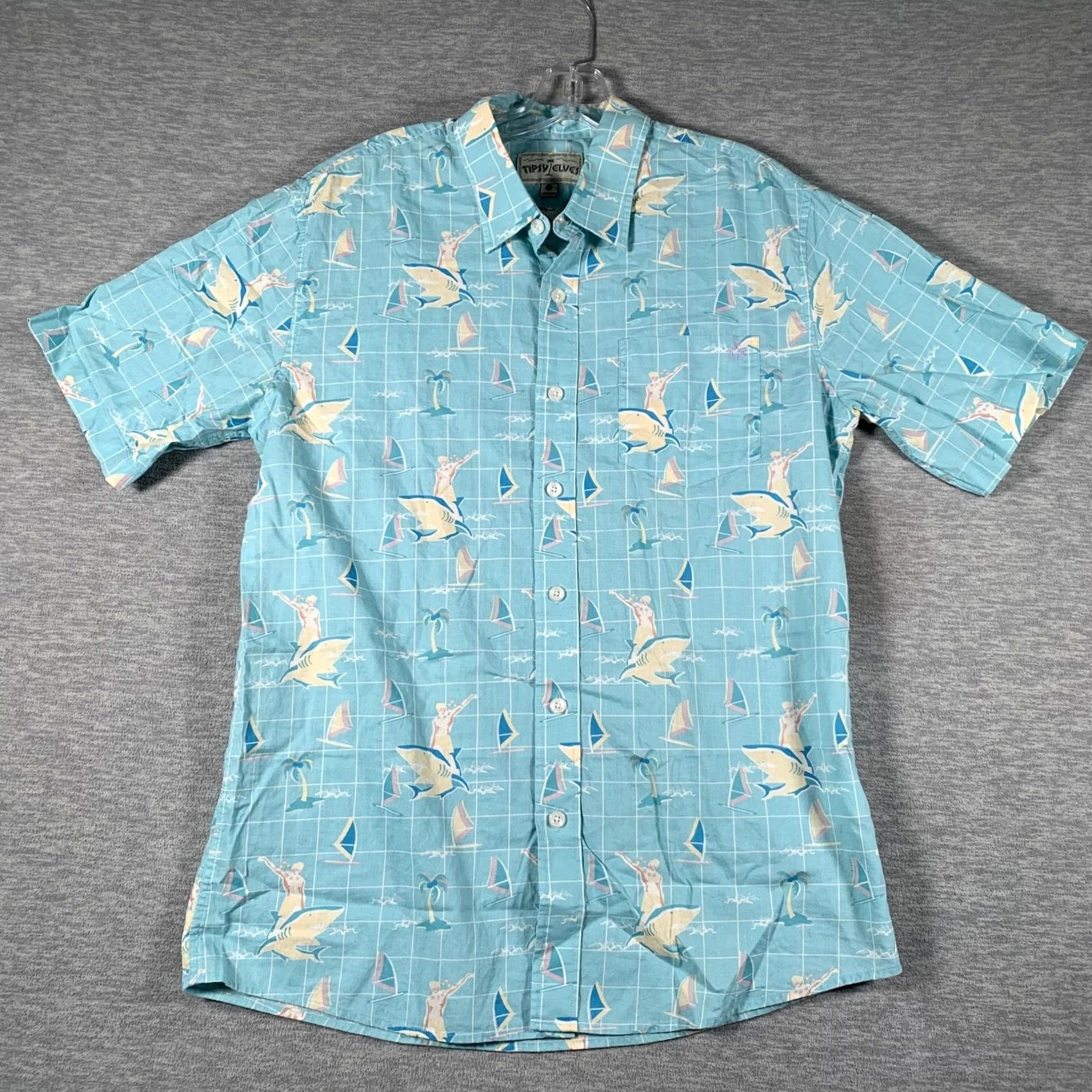 Vintage Tipsy Elves Mens Large Blue Shark Sailboat Hawaiian Shirt Size Cotton Button Up Size US L / EU 52-54 / 3 - 2 Thumbnail