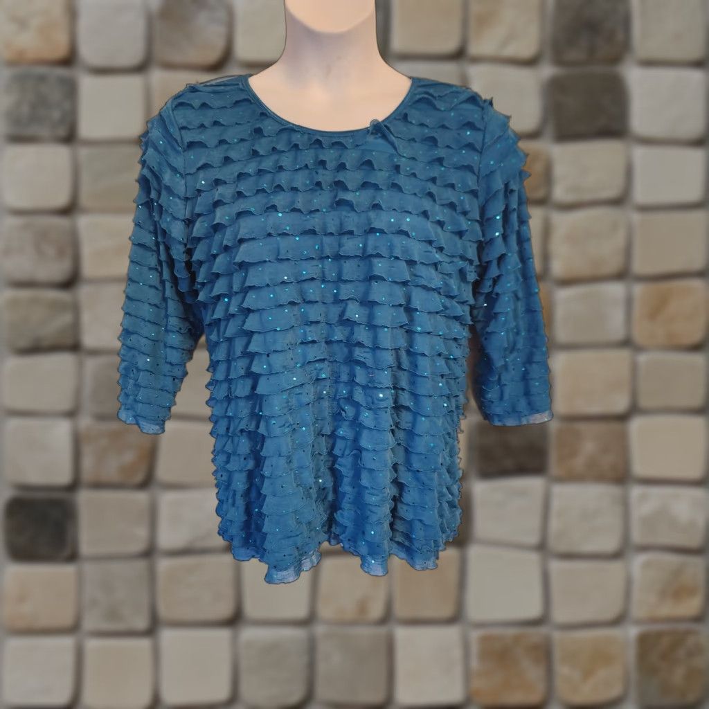 Element Elementz Woman Teal Layered Ruffle Sparkly Top Blouse Boho 1X Shirt Adult Plus Blue 3/4 Sleeve Round Neck Casual Party/Cocktail Travel Business Womens Size XL / US 12-14 / IT 48-50 - 1 Thumbnail