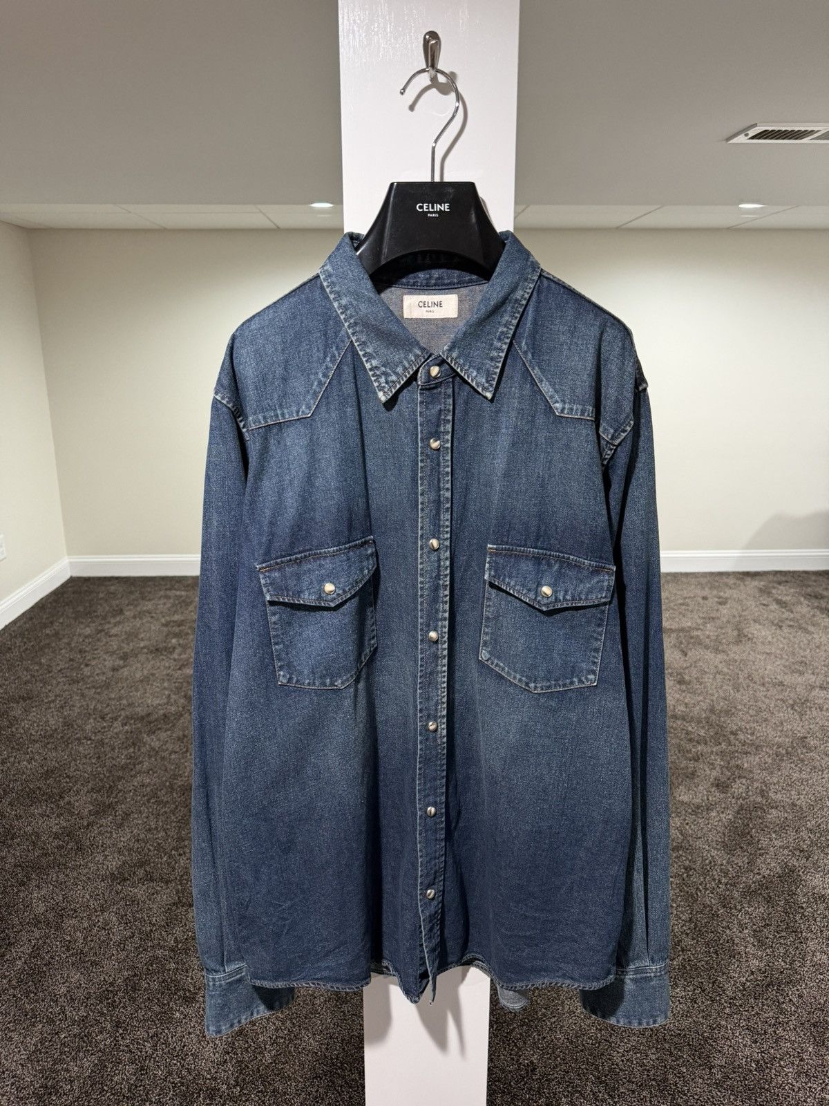 Celine Celine x Hedi Western Stone Wash Blue Denim Button Up Shirt Size US XXL / EU 58 / 5 - 1 Thumbnail