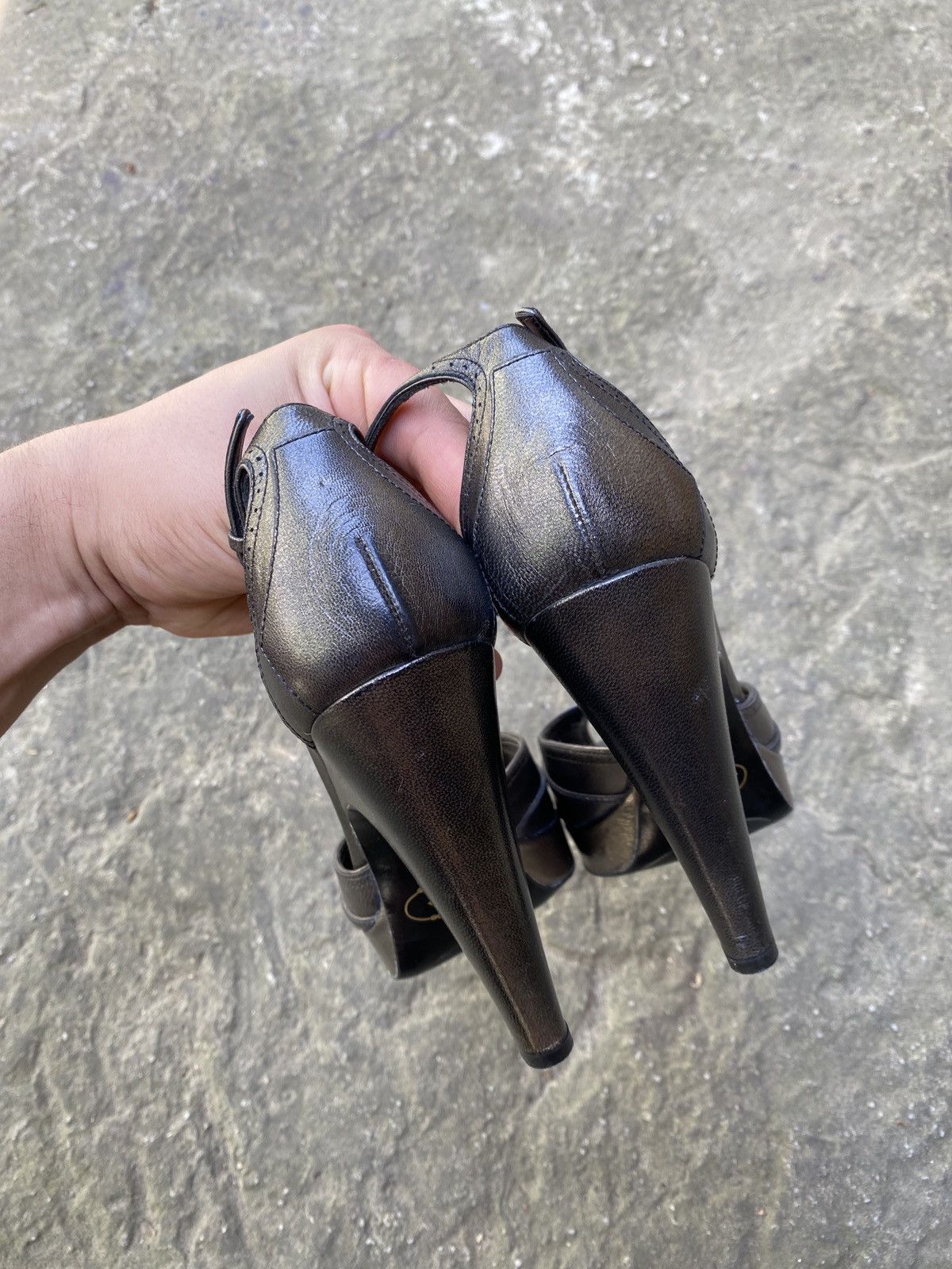 Prada Metallic Leather Peep Toe Platform Heels Ankle Strap