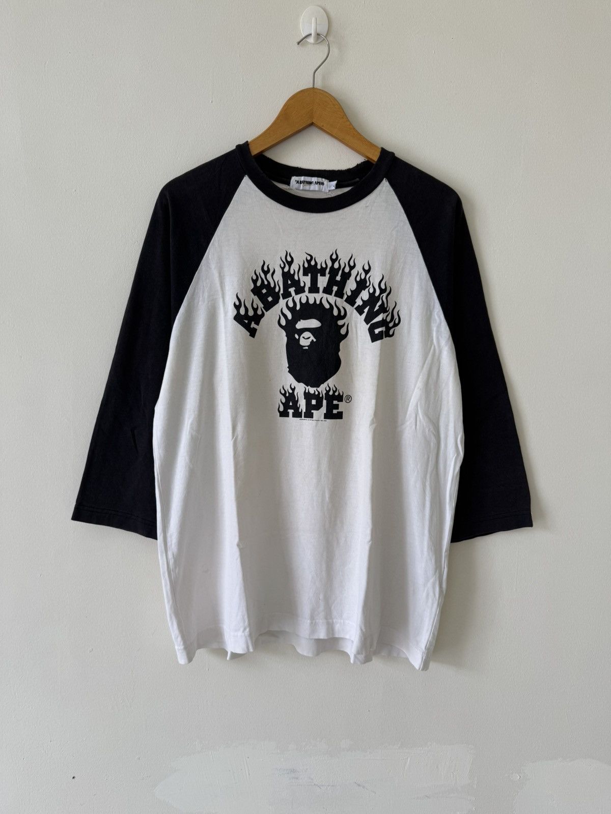 VINTAGE BAPE FONT FIRE LOGO 3/4 SLEEVE T SHIRT