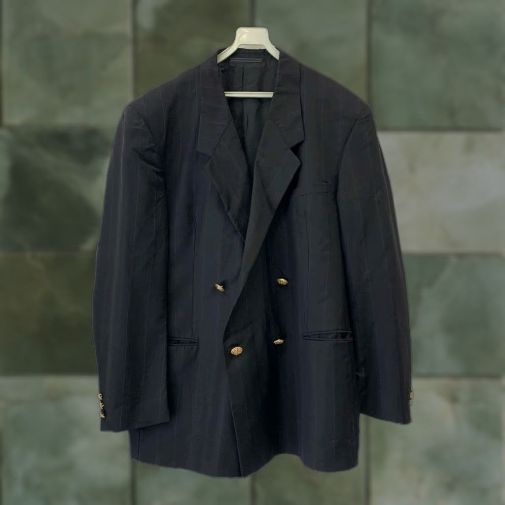 Versace V2 by Versace Blazer Men 50R Double Breasted Wool Black Pinstripe Gold Buttons Vintage Jacket Size 50R - 1 Thumbnail