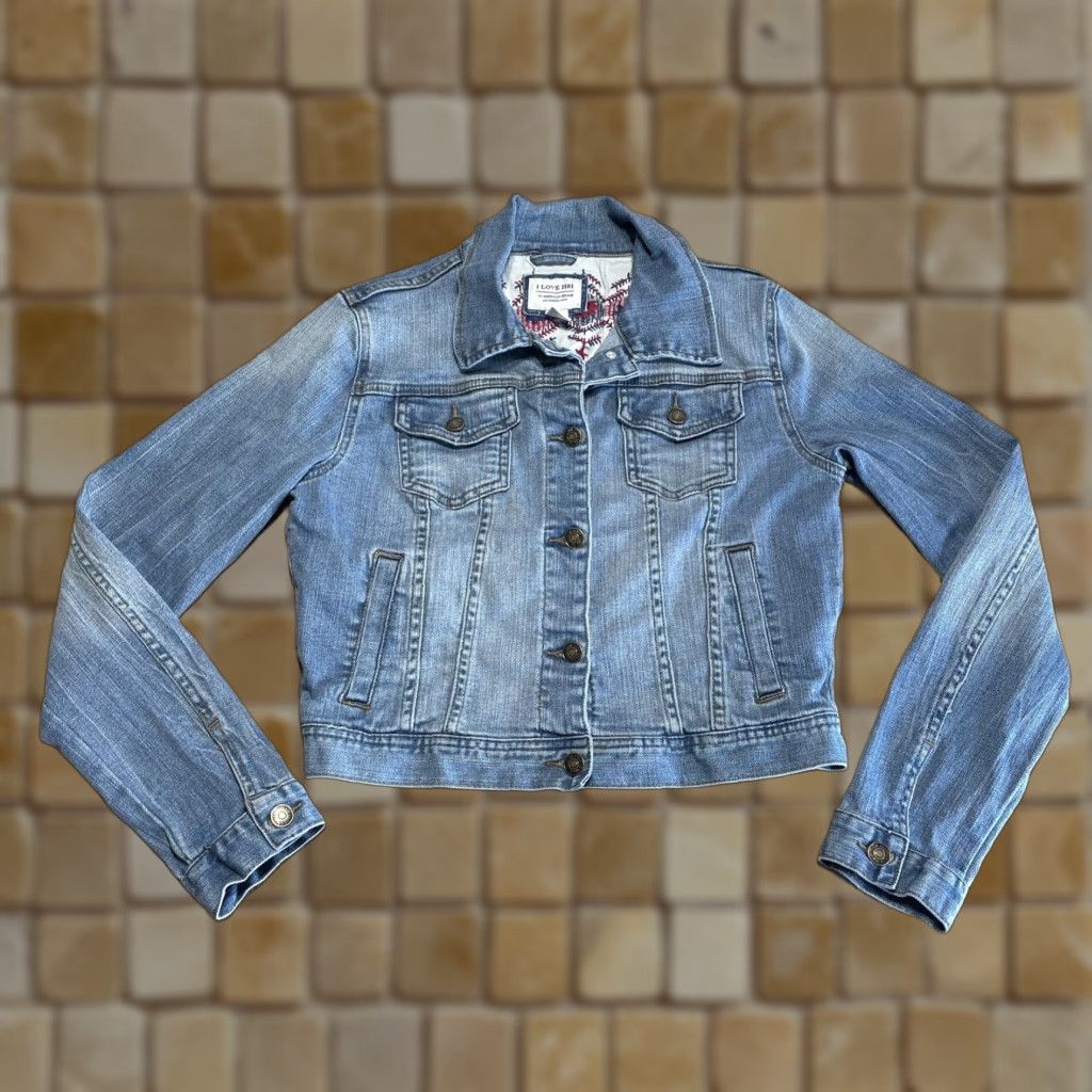 Denime VINTAGE I LOVE H81 Denim Jacket Womens L Medium Blue Jean Cropped Trucker Fall Spring Winter Size 36" / US 14 / IT 50 - 1 Thumbnail