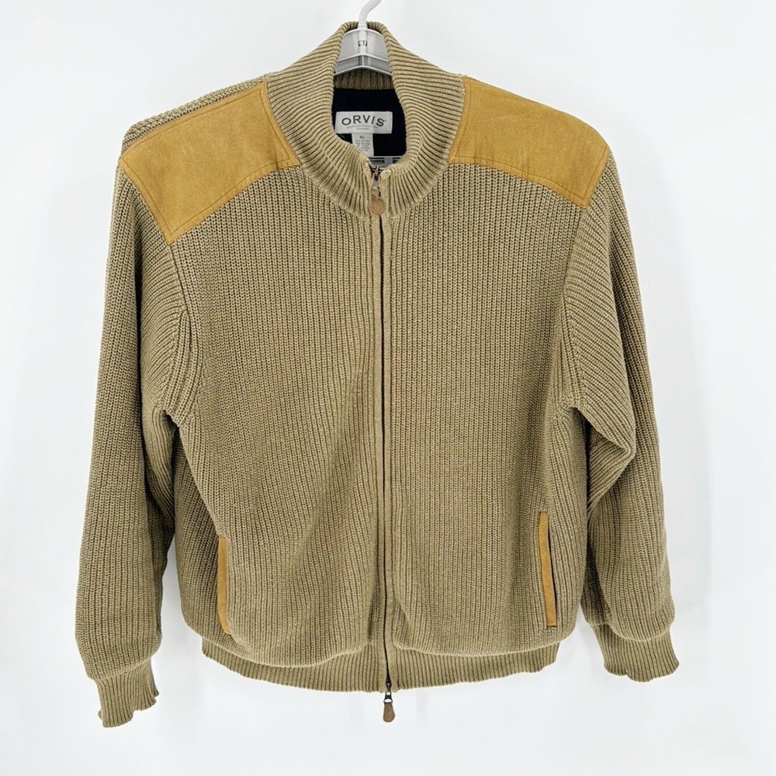 Vintage Orvis Full Zip Sweater Jacket Suede Leather sizer XL