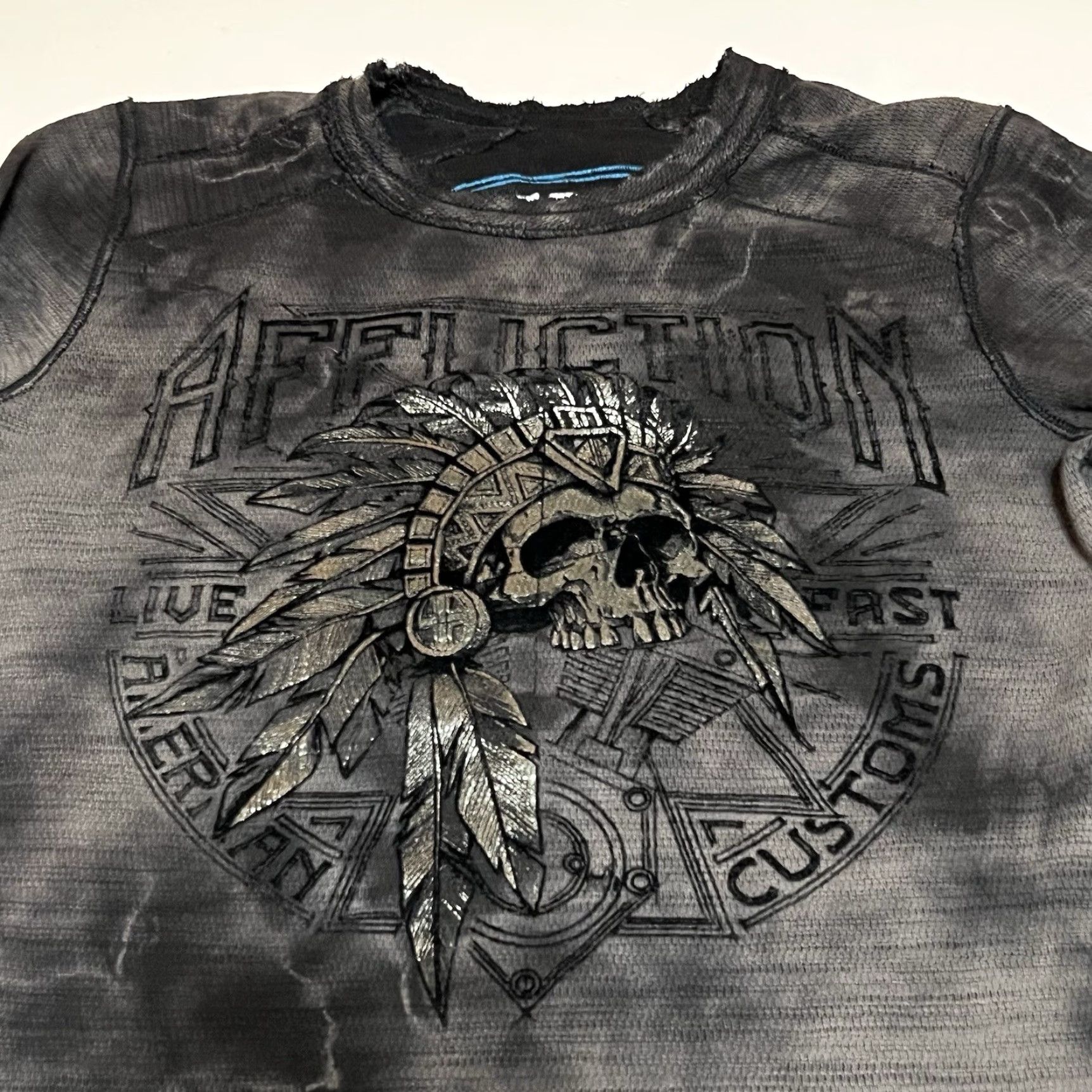 VINTAGE Affliction Shirt Mens L Black Thermal Long Sleeve Reversible Distressed Y2K Graphic Print Skull Grunge Emo Goth T-Shirt Crew Neck