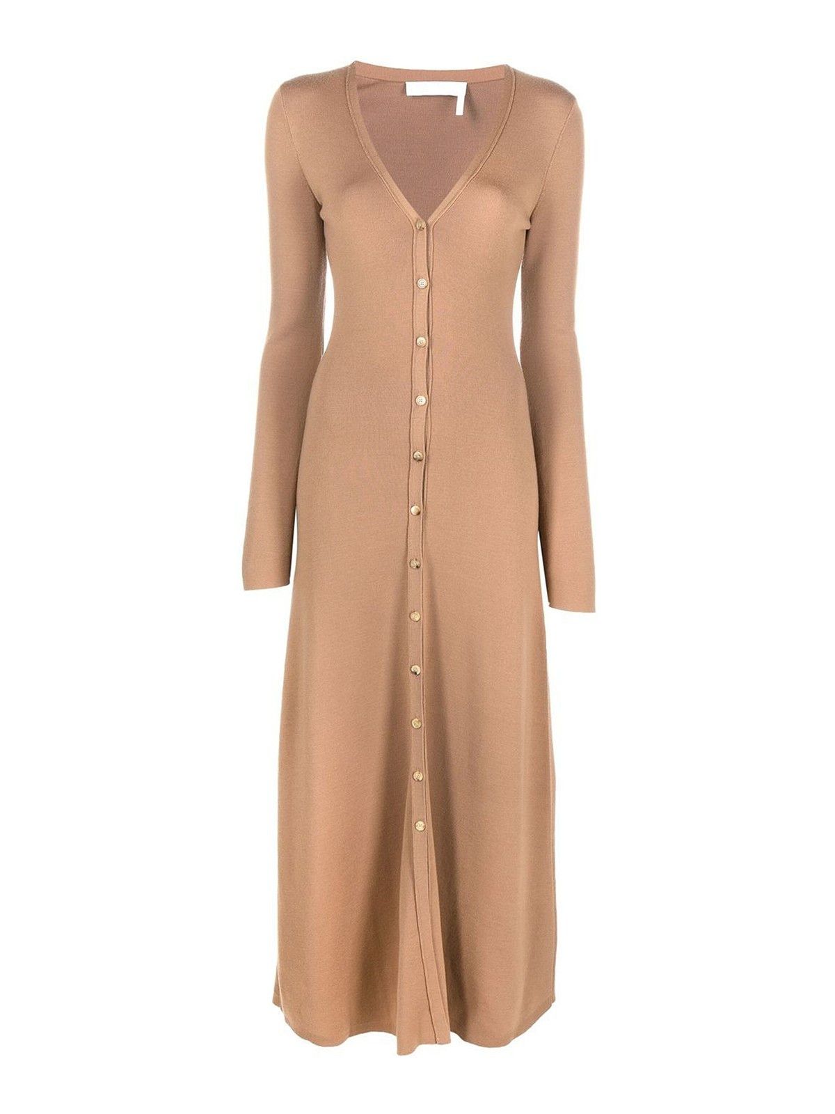 Chloe o1loc1c10425 Long V-Neck Wool Dress in Brown Size S / US 4 / IT 40 - 1 Thumbnail