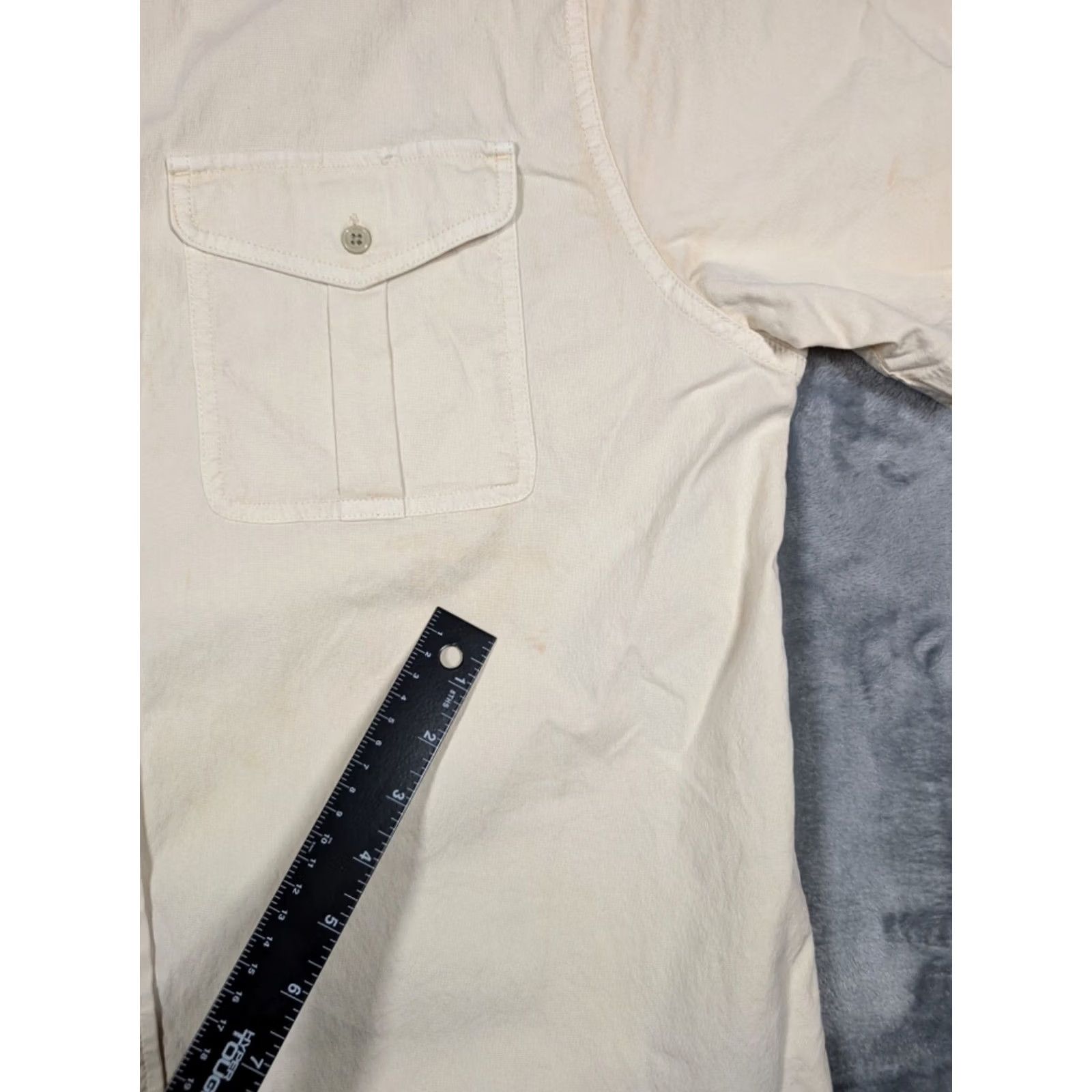 Flint And Tinder Flint And Tinder Button Down Shirt Men's XL Beige Cotton Pocket Button-Down Collar Long Sleeve Regular Fit 47 in Chest Solid Vintage: No Size US XL / EU 56 / 4 - 6 Thumbnail