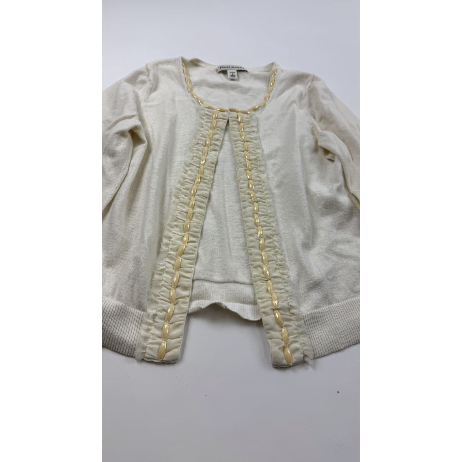 Banana Republic Banana Republic Cardigan Sweater Womens Petite Small Ivory Beaded Open Front Long Sleeve Ruched Trim Size S / US 4 / IT 40 - 2 Thumbnail