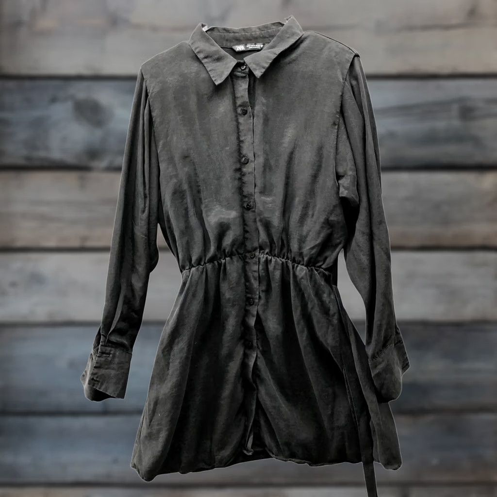 Zara Zara Shirt Dress M Black Lyocell Button Front A-Line Tie Waist Long Sleeve Mini Dress Women M Black Lyocell Button Front A-Line Tie Waist Size M / US 6-8 / IT 42-44 - 1 Thumbnail