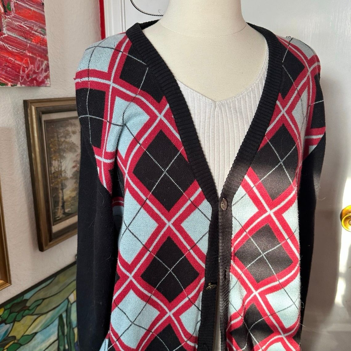 Other nick danger argyle red black and blue button up cardigan Size L / US 10 / IT 46 - 2 Thumbnail