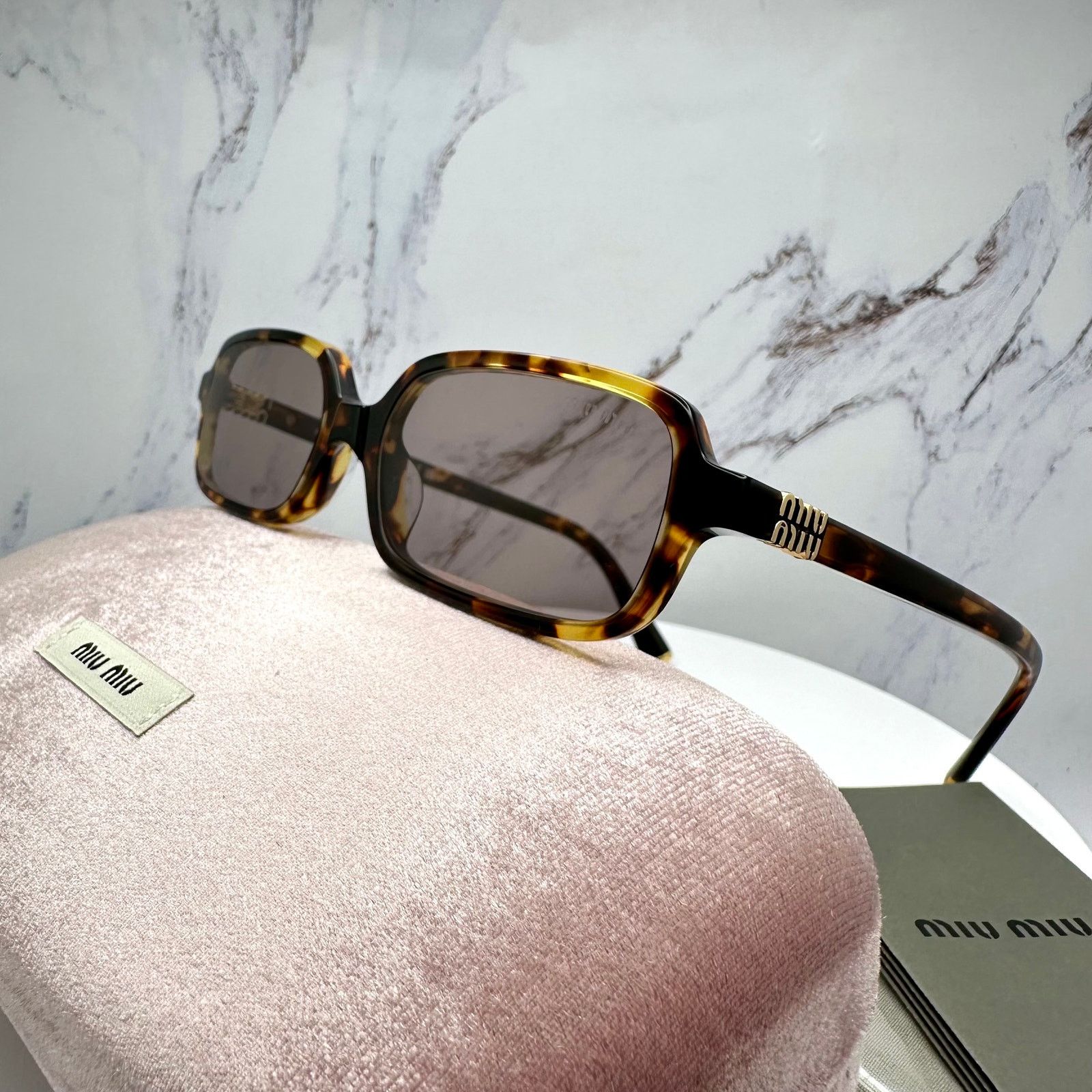 Miu Miu New MIU MIU Sunglasses Brown Tortoise Rectangular Gold Logo Size ONE SIZE - 14 Thumbnail
