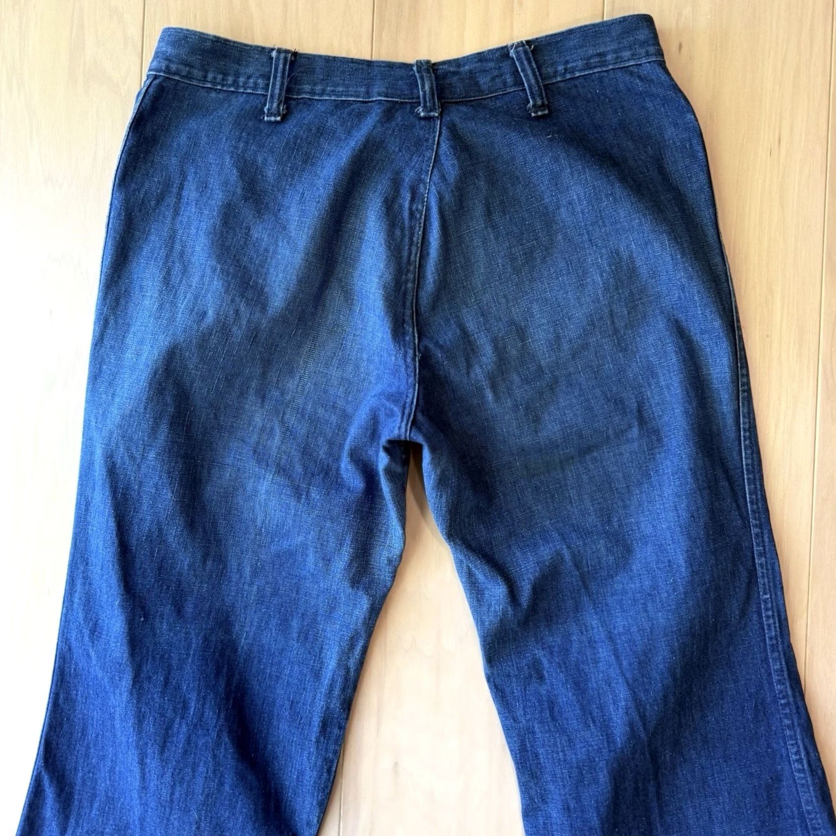 Vintage VINTAGE Navy Flare Pants 31 Blue Dark Wash 70s Military Seafarer Button Fly USA Size 24" / US 00 / IT 34 - 7 Thumbnail