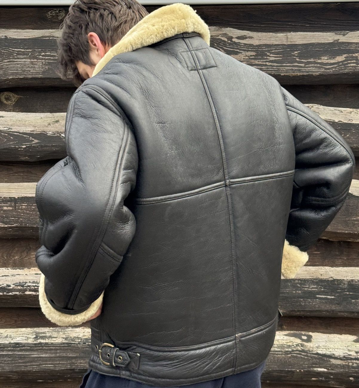 Japanese Brand Lakeland black leather shearling wool aviator jacket Size US L / EU 52-54 / 3 - 5 Thumbnail
