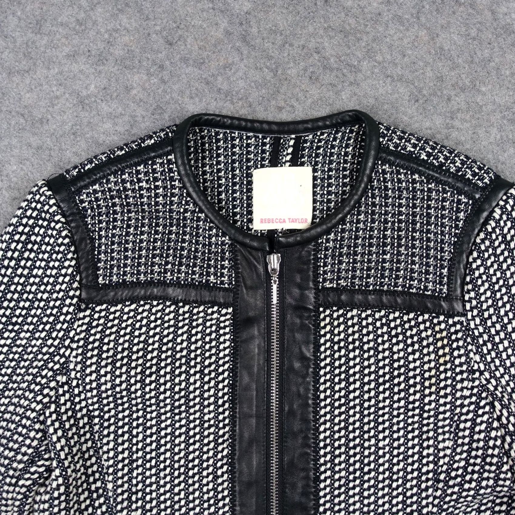Rebecca Taylor Rebecca Taylor Jacket Womens Small Blue Tweed Leather Trim Moto Fringe Zip Jacket Size S / US 4 / IT 40 - 2 Thumbnail