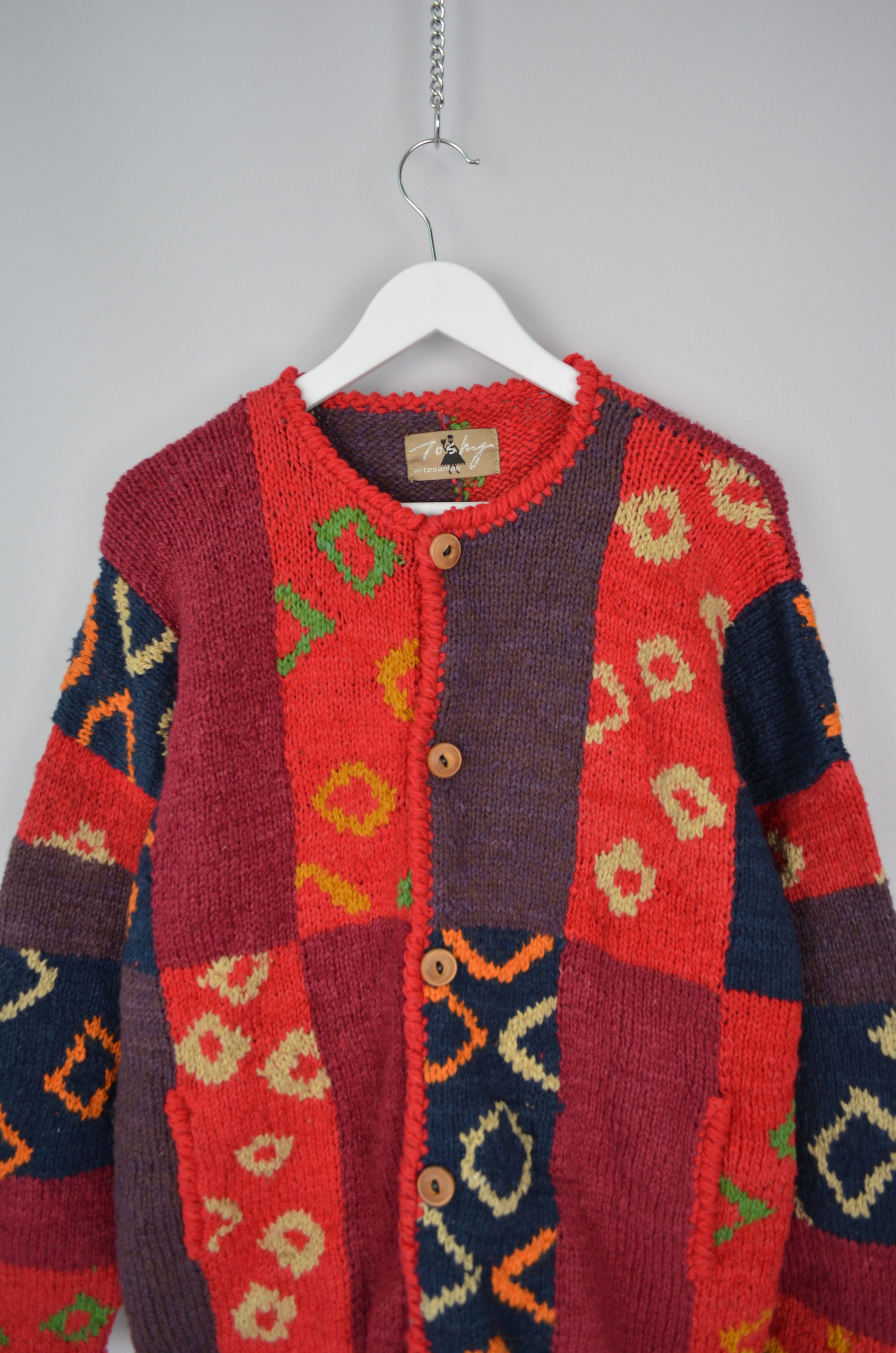 Designer × Handmade Vtg Bolivian Toshy Wool Multicolor Heavy Cardigan Sweater OS Size L / US 10 / IT 46 - 2 Thumbnail