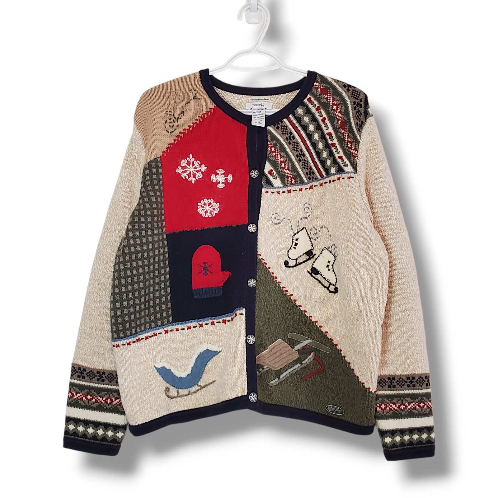Vintage Vintage 90s Winter Themed Knit Cardigan Sweater Tan Size XL Size XL / US 12-14 / IT 48-50 - 1 Thumbnail