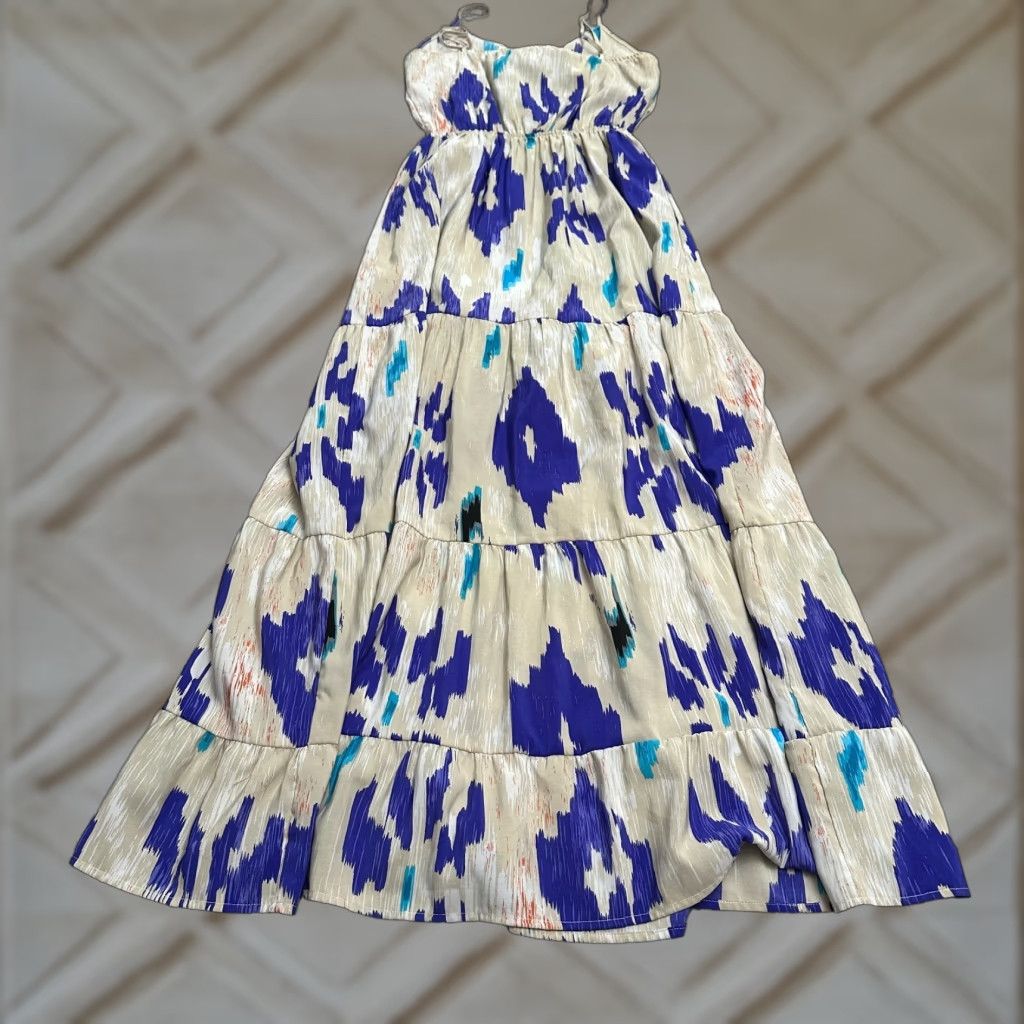 AQUA Aqua Dress Maxi Womens S Blue Geometric Strappy Sleeveless V-Neck Knit Polyester Pleated Lightweight Vintage No Size S / US 4 / IT 40 - 1 Thumbnail