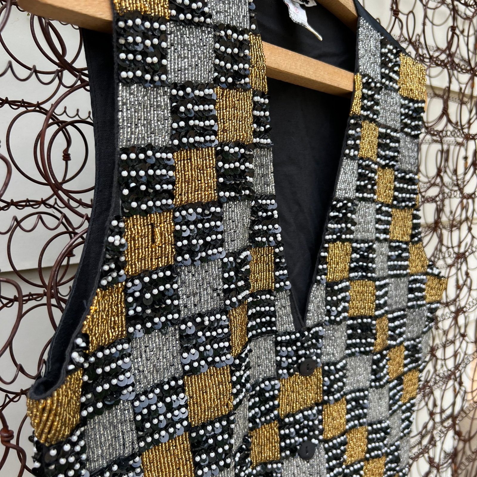 Vintage 80s beaded sequin checkerboard vest gold silver black MEDIUM Size M / US 6-8 / IT 42-44 - 2 Thumbnail