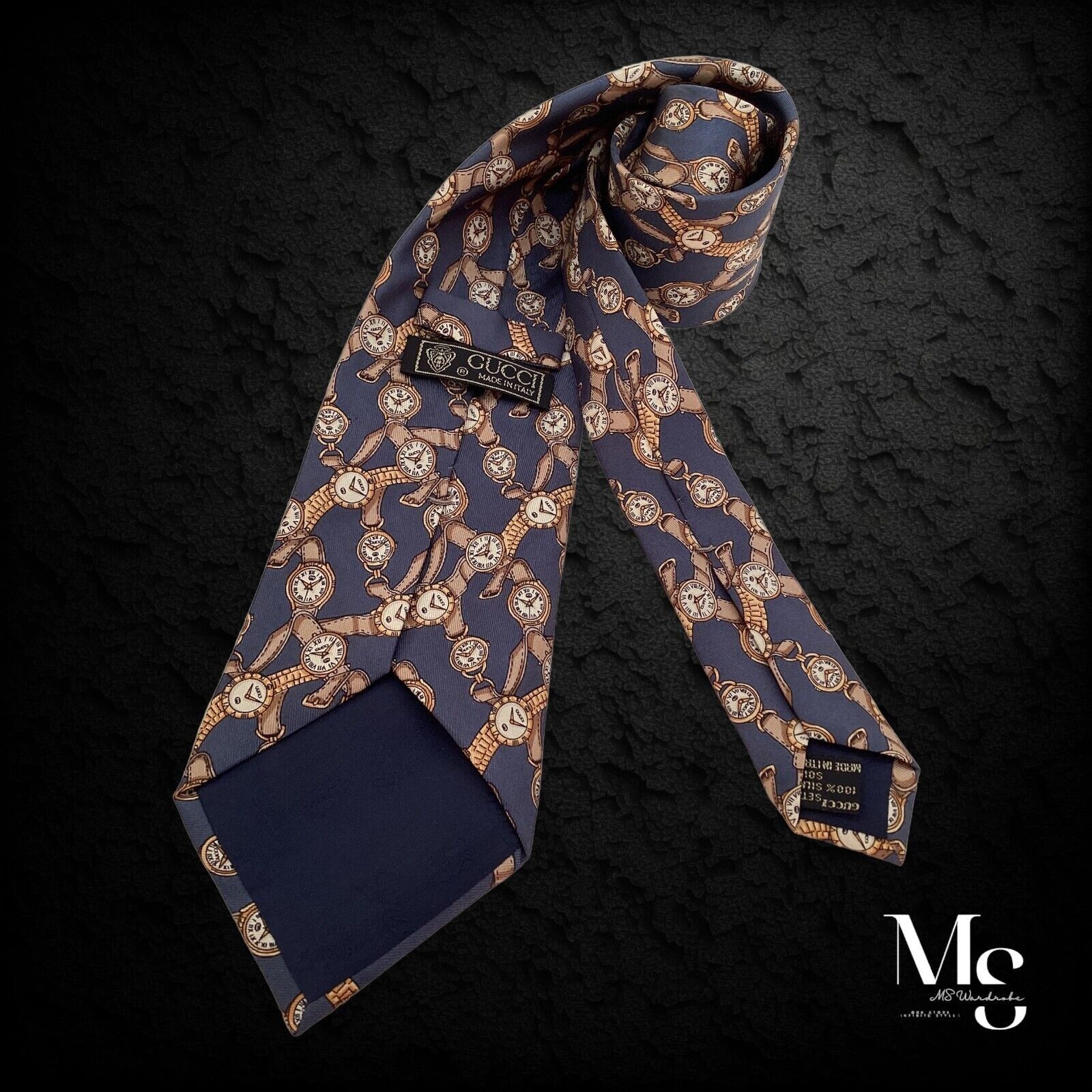 Gucci GUCCI Blue Watches Print Silk Tie Made In Italy W: 3.7" EC Size ONE SIZE - 2 Thumbnail
