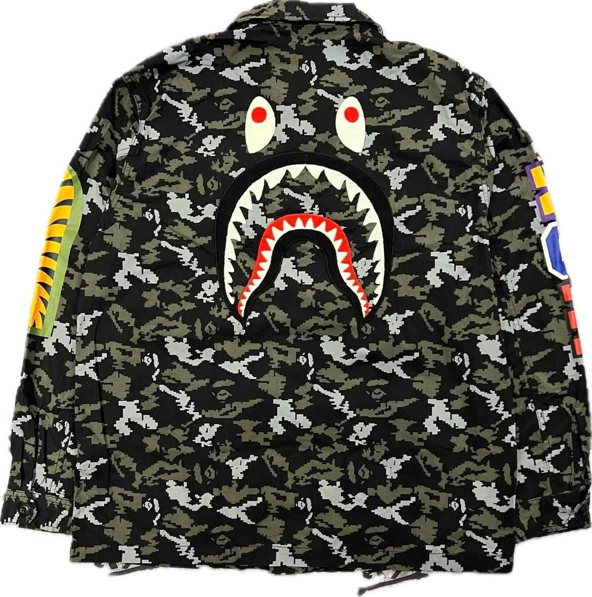image of Bape Digital Camo 4 Pocket Shark Shirt in Black, Men's (Size Medium)