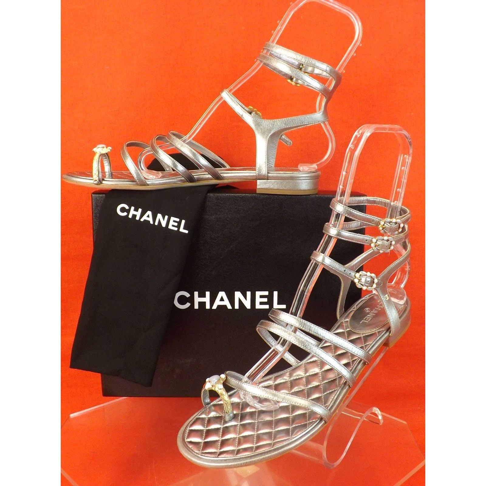 Chanel CHANEL SILVER LEATHER JEWELS RING CC LOGO FLATS SANDALS 42 Size US 12 / IT 42 - 1 Thumbnail