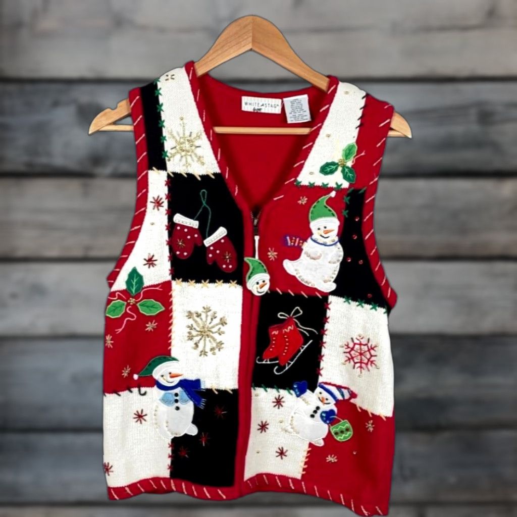 Vintage VINTAGE White Stag Sweater Vest Shirt Womens Medium Red Embroidered Christmas Motif Zip Front 90s Holiday Retro Size M / US 6-8 / IT 42-44 - 1 Thumbnail
