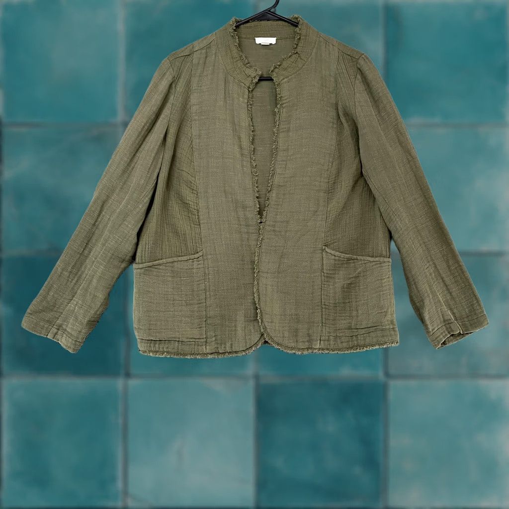 J. Jill J Jill Womens Green Jacket Petite M Open Front Fringe Crinkle 100% Cotton Size M / US 6-8 / IT 42-44 - 1 Thumbnail