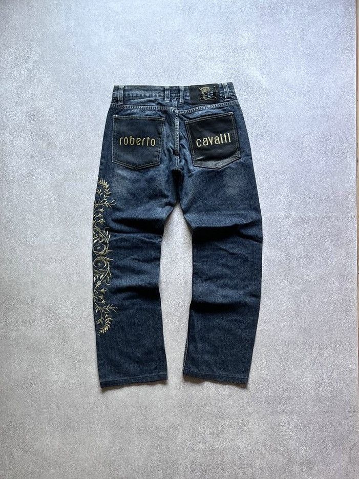 90's Vintage Roberto Cavalli retailer embroidered jeans, light wash, straight leg pants.