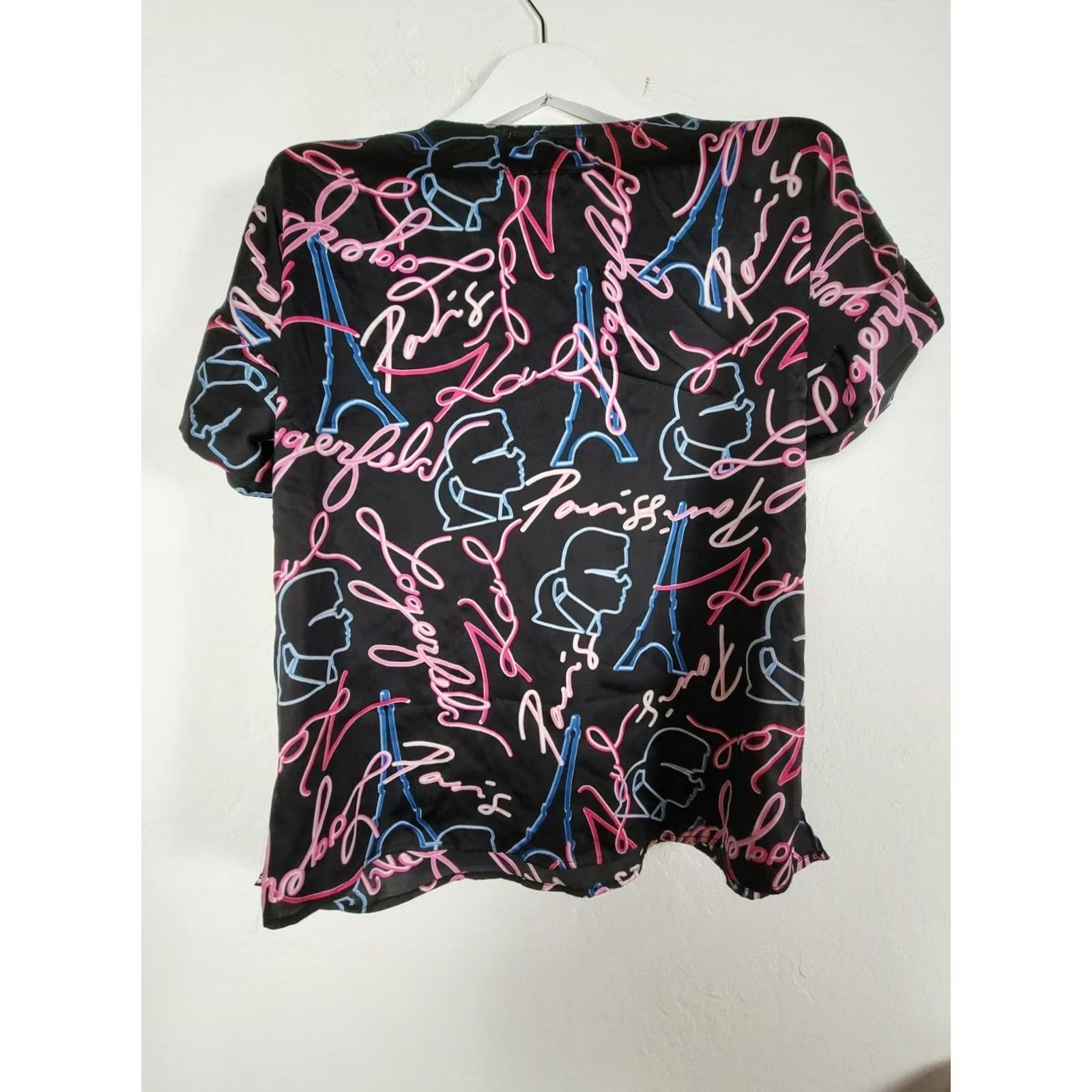 Karl Lagerfeld Karl Lagerfeld Women's Neon Print Round Neck Short Sleeve T-Shirt Black Large Size L / US 10 / IT 46 - 2 Thumbnail