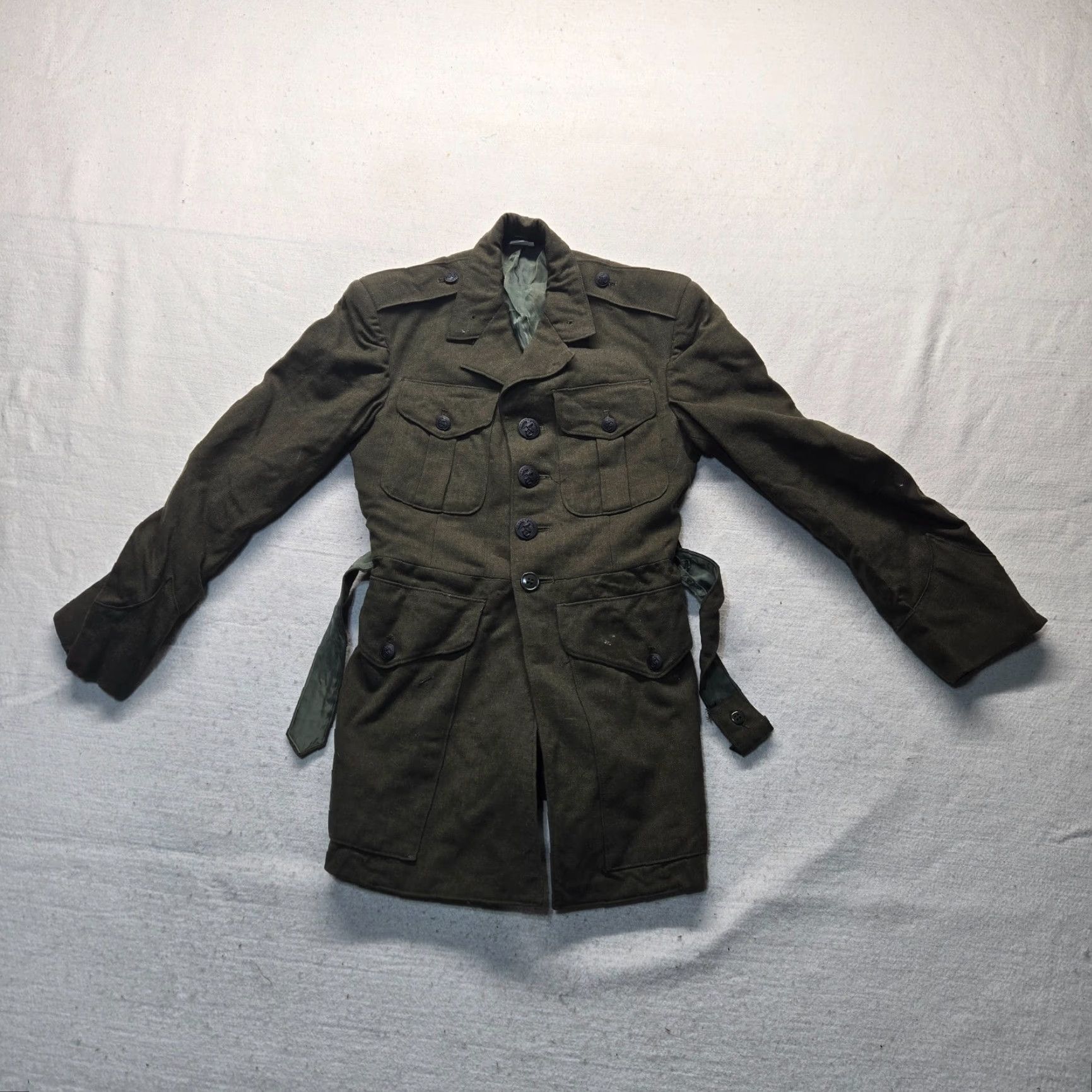 Vintage Military Green Belted Pea Coat Jacket Women Long Sleeve Size 33s Regular Belted Green Casual Business Workwear 33 Womens Size XXS / US 00 / IT 34 - 3 Thumbnail