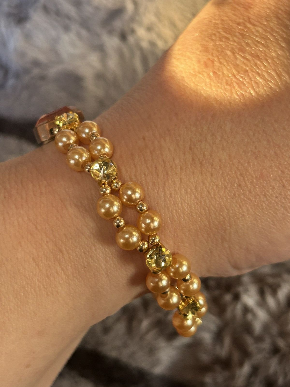Handmade Handcrafted vintage gem citrine dome crystal pearl bracelet Size ONE SIZE - 2 Thumbnail